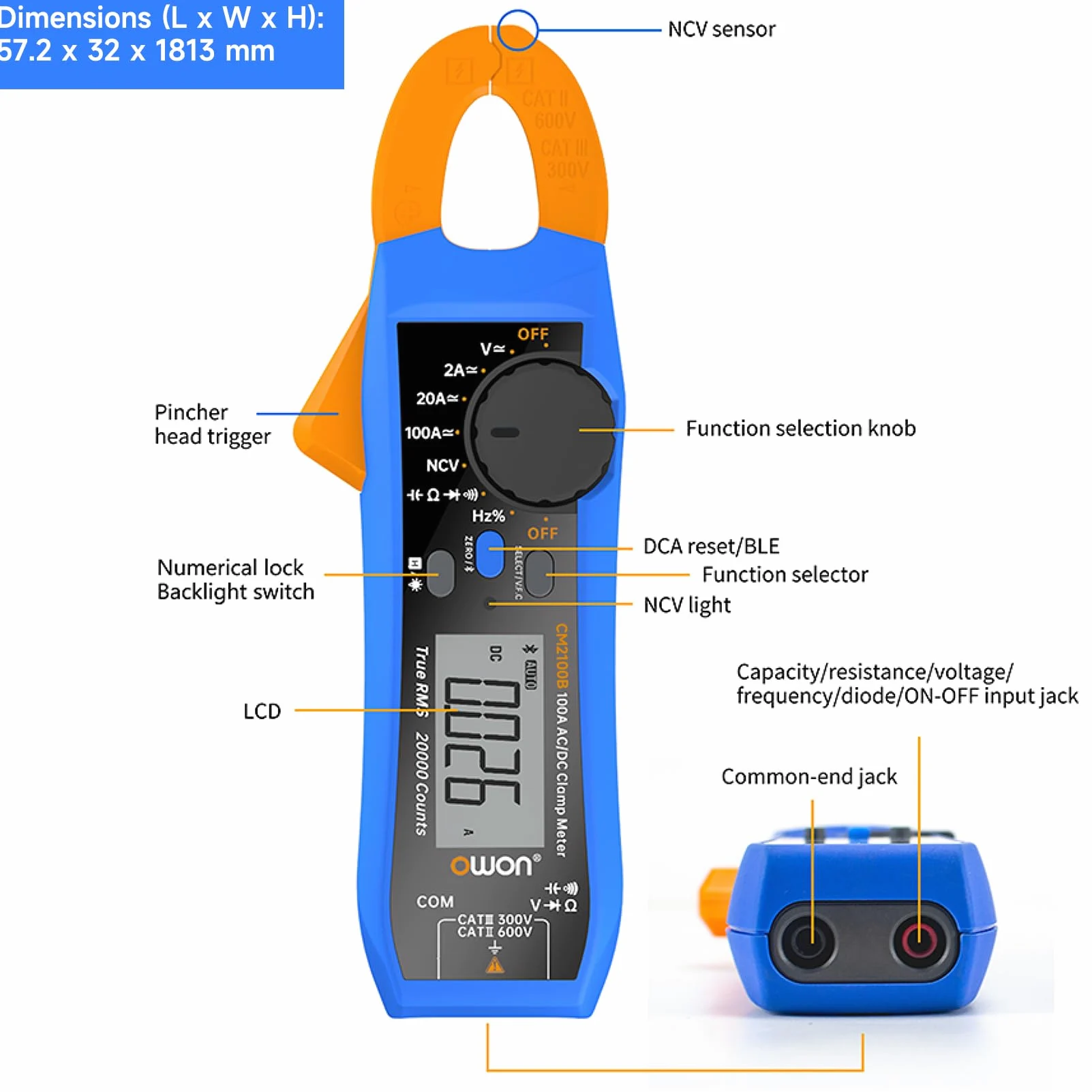 OWON CM2100B Pinza amperometrica Bluetooth 20000 conteggi palmare True RMS 600V 100A AC/DC Test corrente e tensione con protezione da sovraccarico VFC, tester di capacità di resistenza, funzione NCV