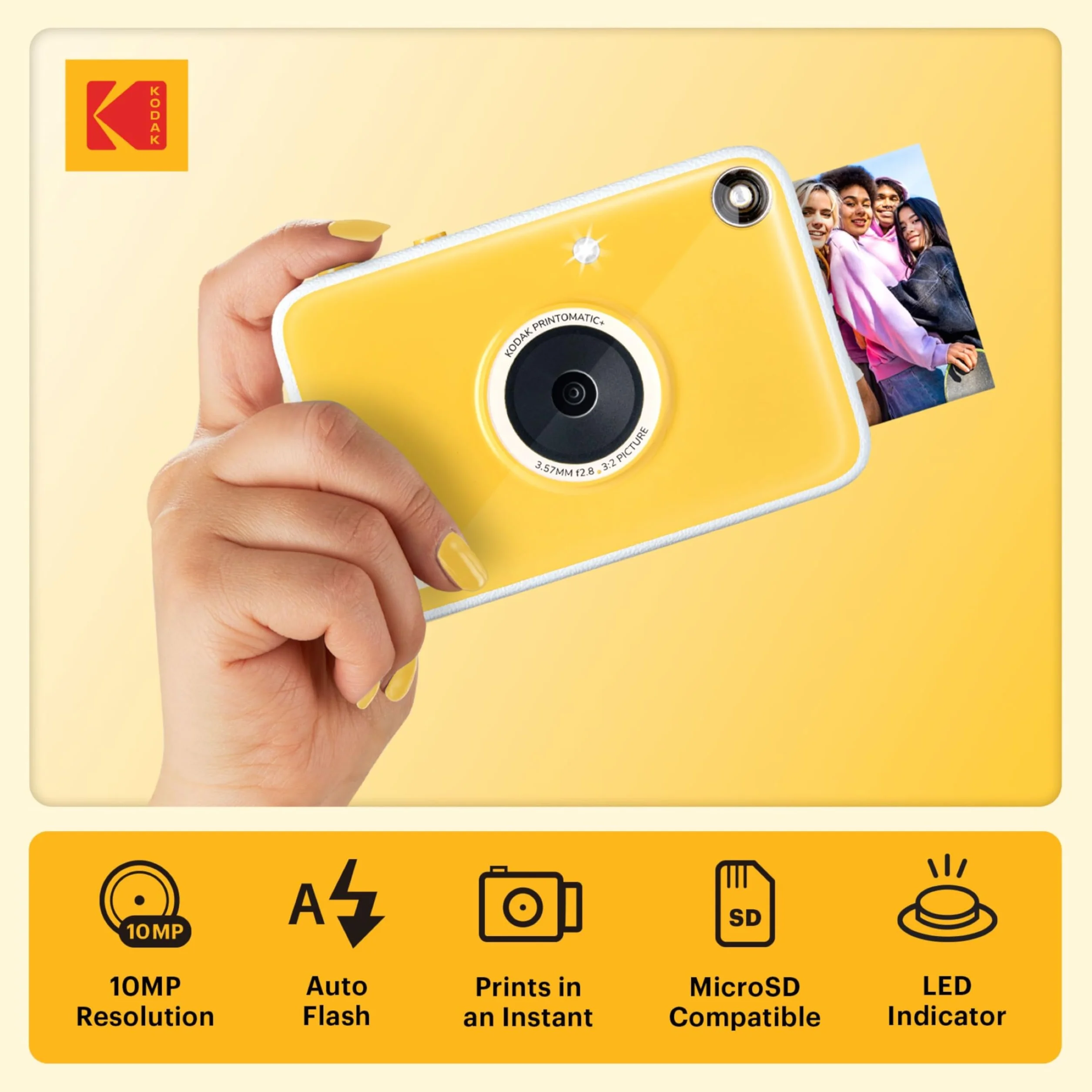 KODAK Printomatic+ Fotocamera Istantanea 10MP Kit Iniziale (Rosa) con Custodia, RGB LED e Carta Adesiva Zink 20pz – Giallo