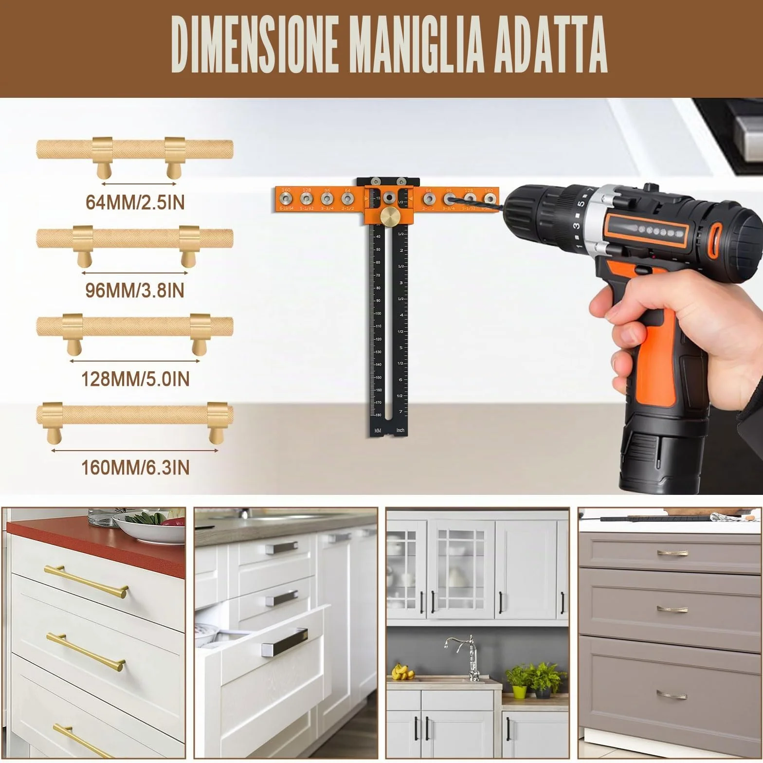 Jig per Ferramenta di Armadio, Modello di Altezza Regolabile in Lega di Alluminio con Guida per Trapano, Distanza Fori 64/96/128/160 mm