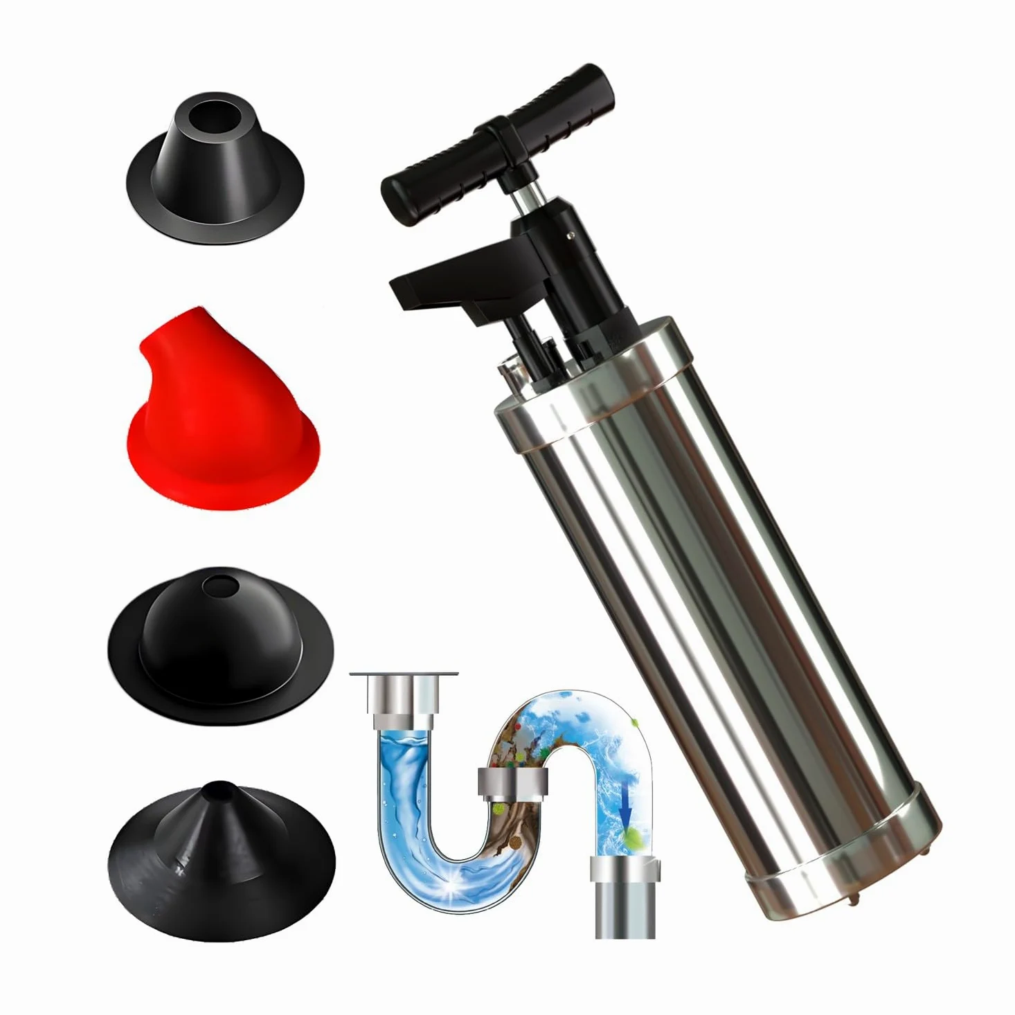 Sturalavandini a Pressione Pompa Stura Scarichi a Pressione Stantuffo Stura WC ad Aria Compressa con Barometro, 4 Teste Sostituibili, per Vasca da Bagno, Cucina, Bagno