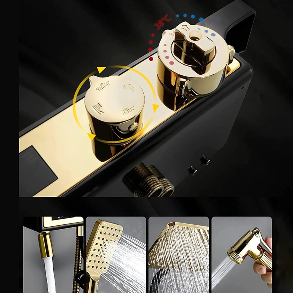 Sistema Doccia a Pioggia, Set termostatico Combinato, Rubinetto per Bagno in Oro e Nero con soffione a Pioggia, doccetta, Rubinetto per Vasca, doccetta Bidet, Display Digitale