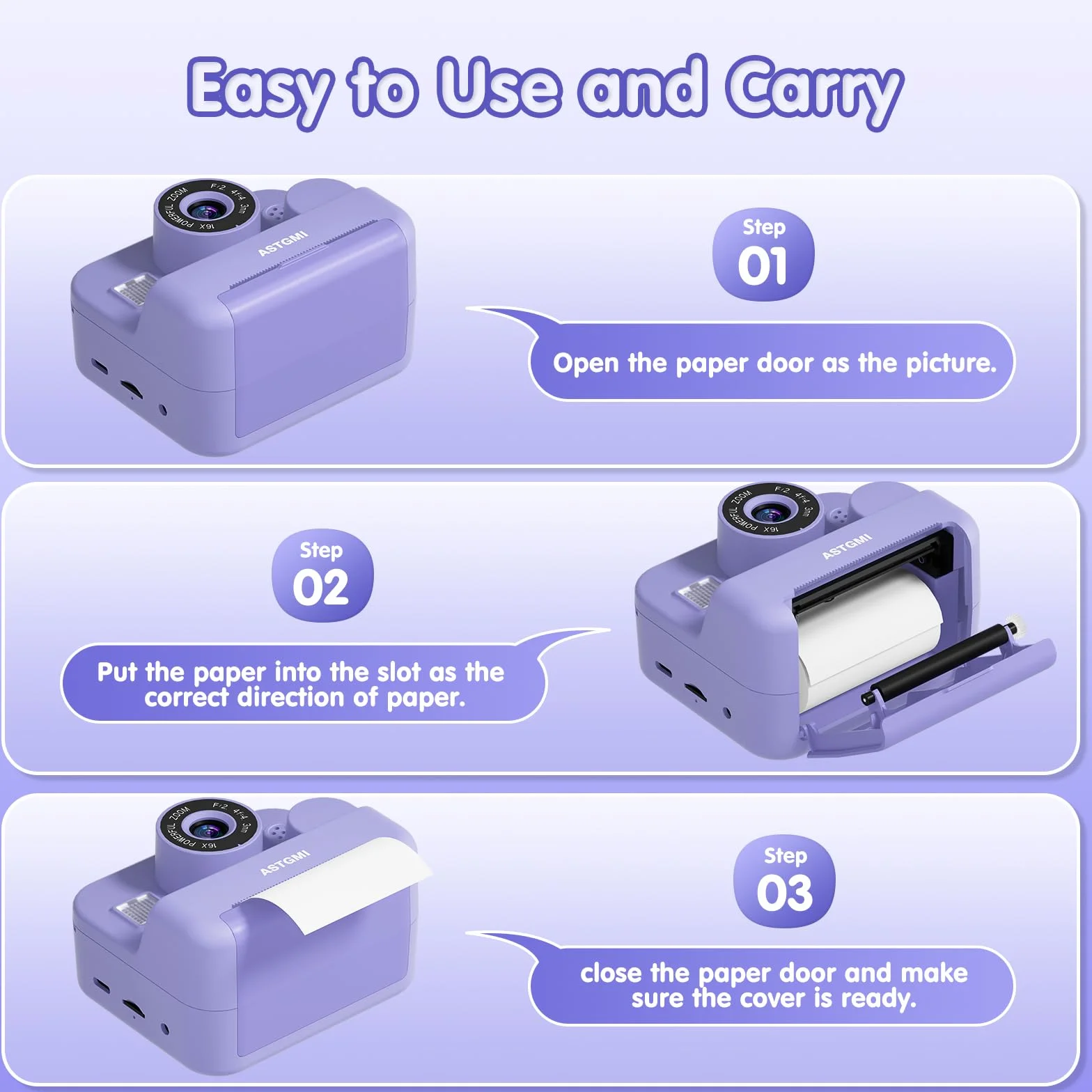 Fotocamera istantanea per bambini con selfie, fotocamera per bambini, 1080P, stampa istantanea HD, regalo di compleanno, regalo di Natale, giocattolo a partire da 3, 4, 5, 6, 8, 7, 9, 10 anni (viola)