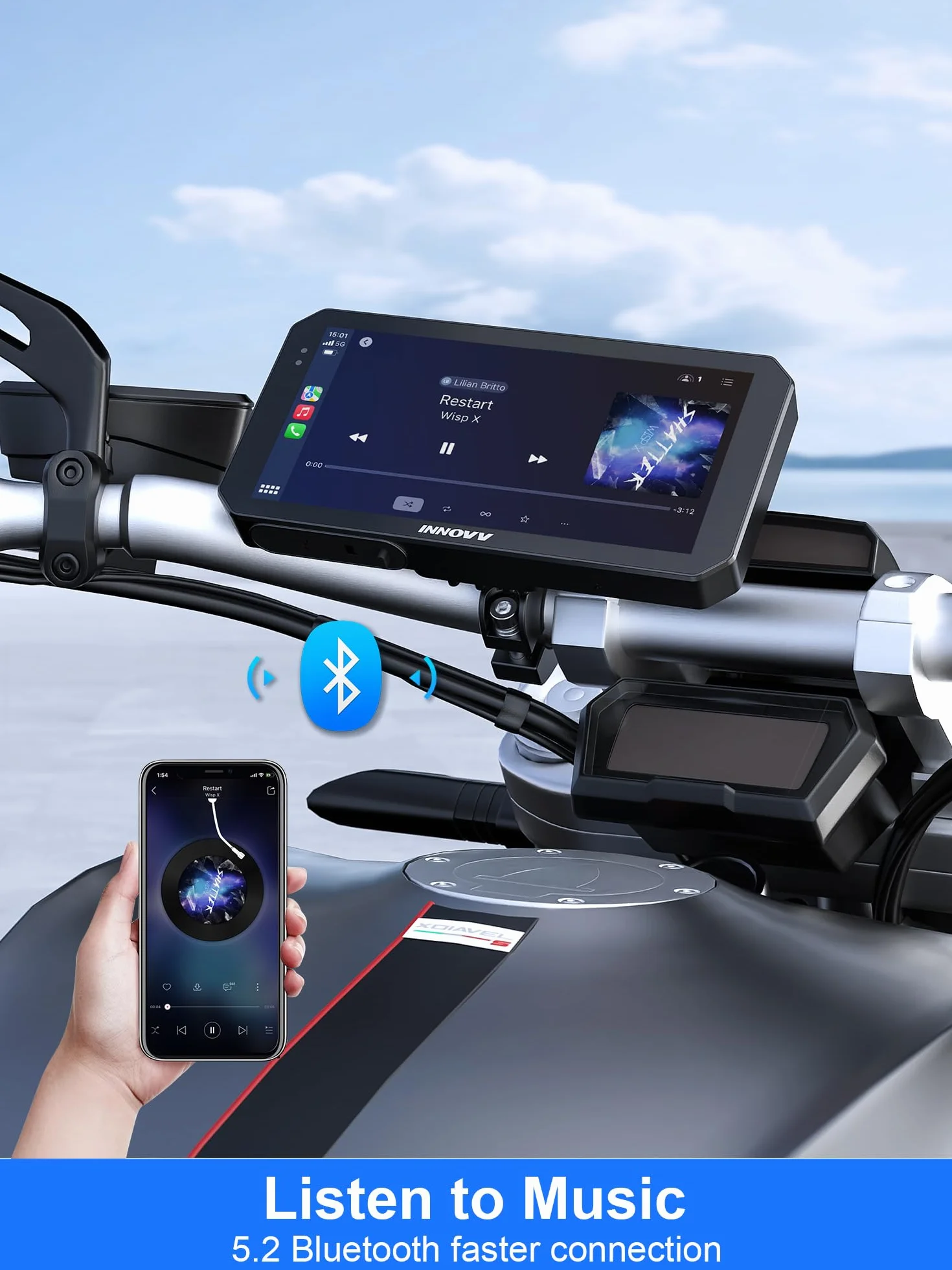 INNOVV N2 - Dash Cam per moto Carplay, touch screen da 6 pollici, supporta Android Auto e iOS, fotocamera anteriore e posteriore 2K 2K con navigazione GPS, modalità parcheggio, musica, Wi-Fi 5.8G