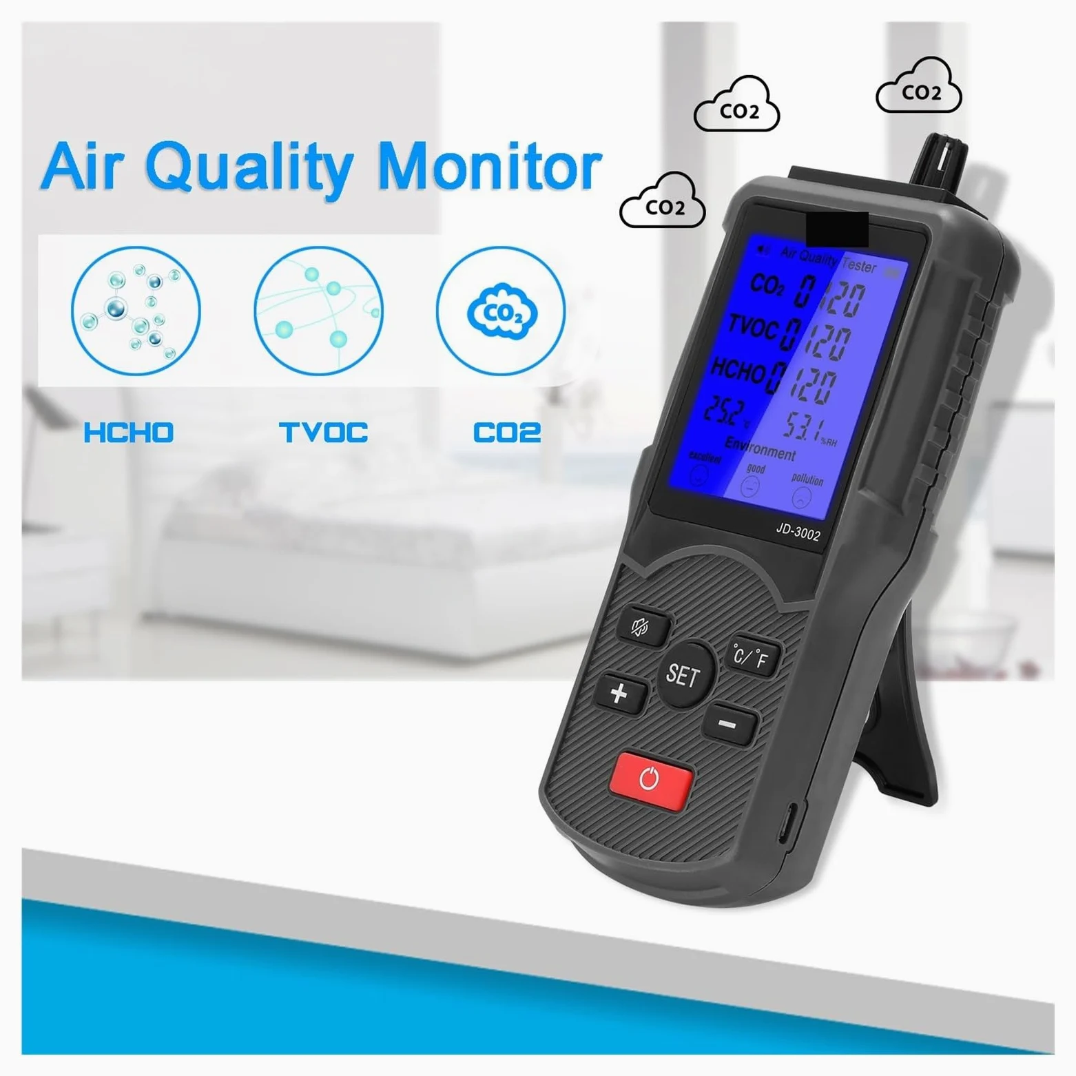 Misuratore Qualità dell'aria, JD-3002 Tester a qualità 'aria Multifunzionale CO2 TVOC HCHO Misuratore di umidità a temperatura Dispositivo di misurazione Rilevatore di CO2 Analizzatore di gas per Casa