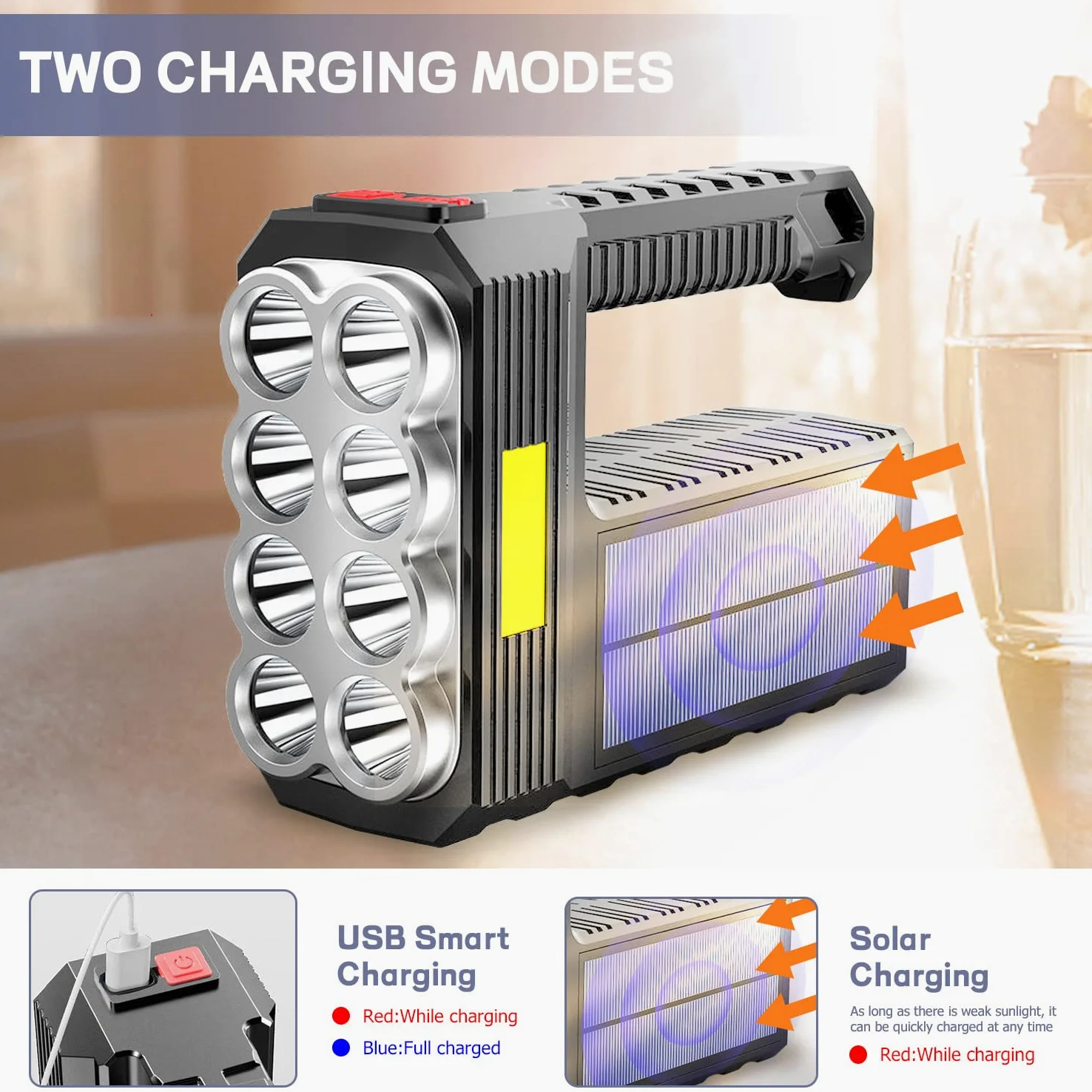Torcia solare a 8 LED con luce di posizione COB, 1000 lumen, alimentata a energia solare, ricaricabile tramite USB, impermeabile, con 3 modalità, per pesca, campeggio, emergenze