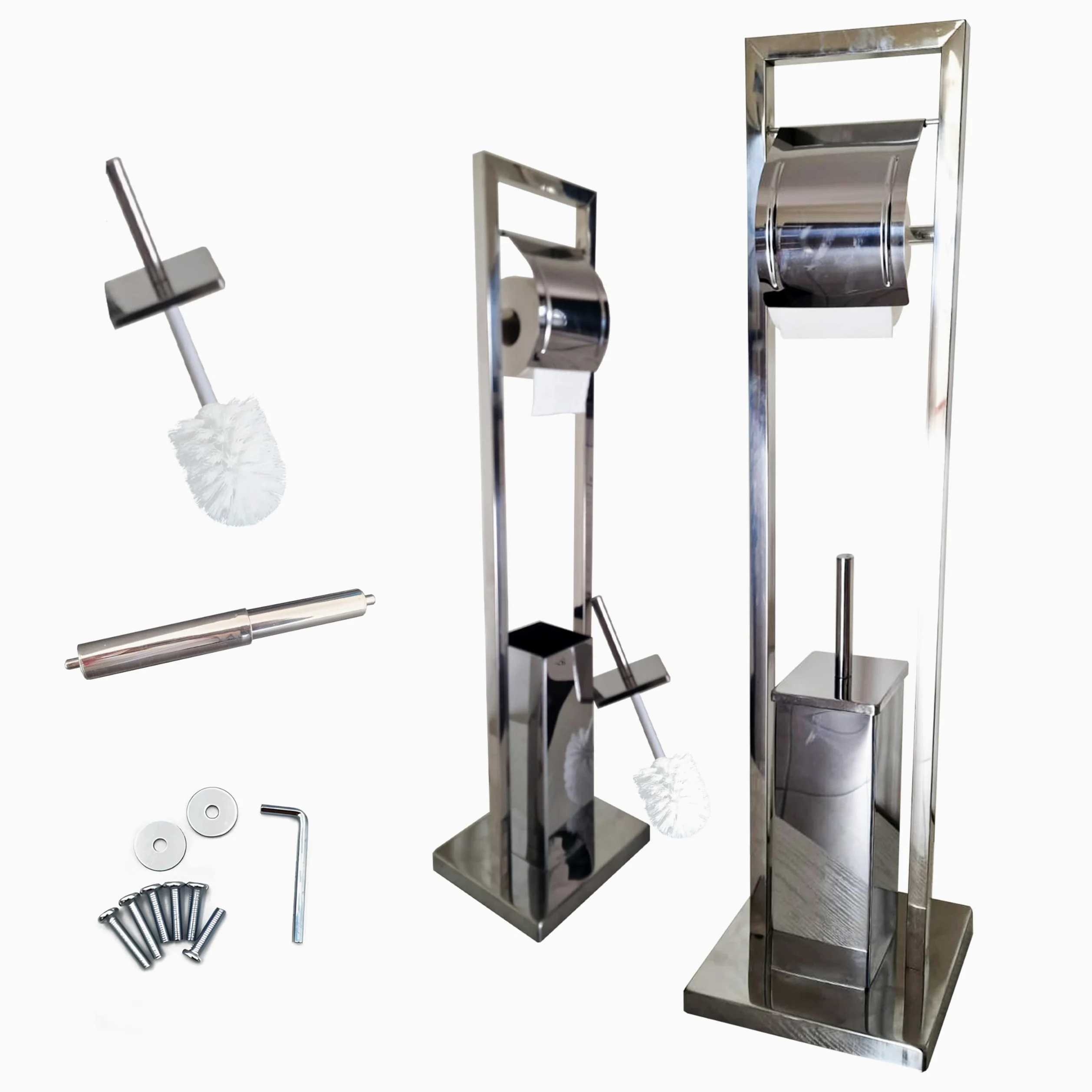 MAKA Portasciugamani da Terra in Metallo Argento Cromato Lucido Piantana da Bagno Con Bracci Portarotolo Carta Igienica Porta Scopino Toilette Moderno Regolabile Alluminio (Rotolo-Scopino)