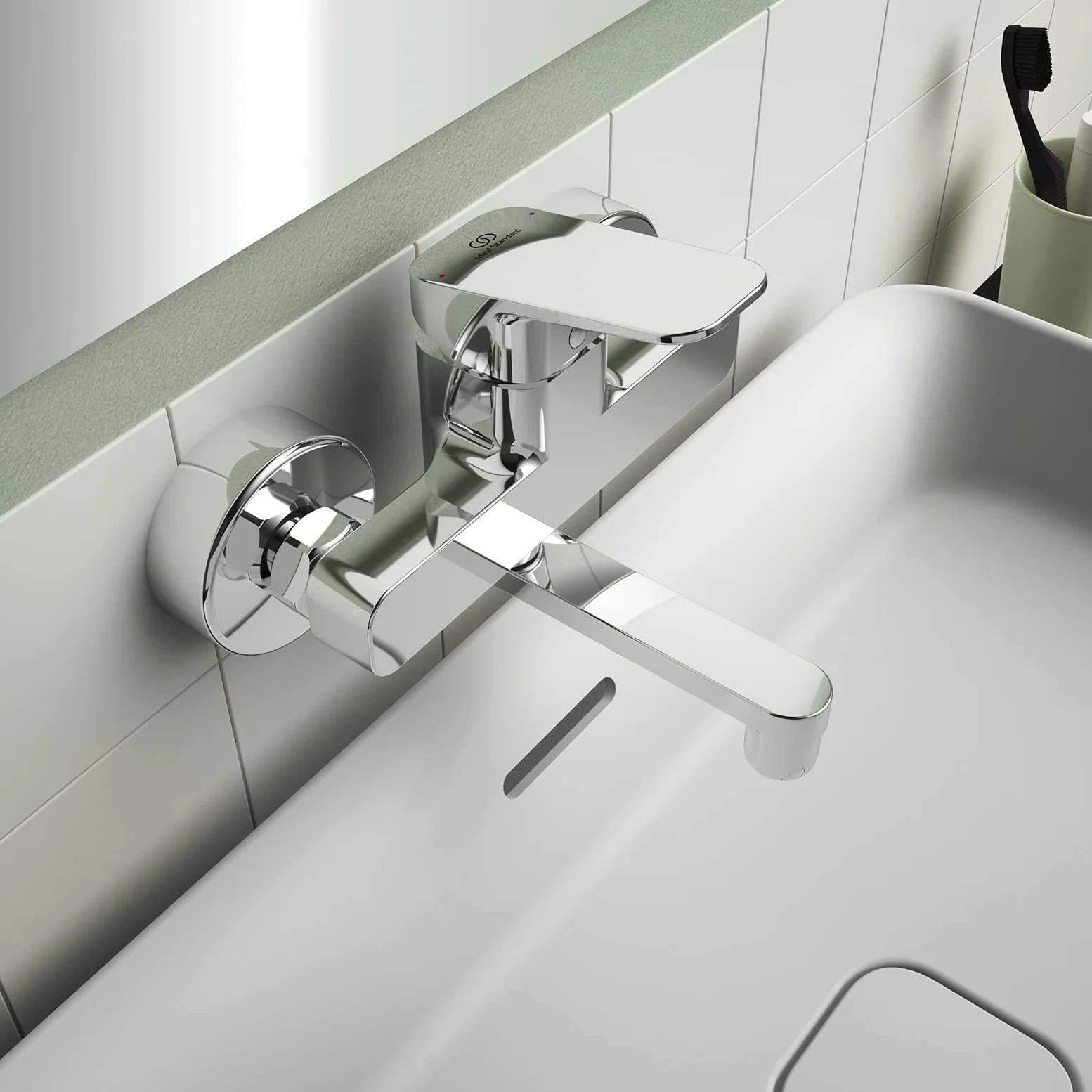 Ideal Standard Ceraplan Miscelatore lavabo a parete, sporgenza 148 mm, rubinetto bagno a risparmio idrico 12 l/min (3 bar), senza piletta di scarico - Cromo (166 x 155 mm)