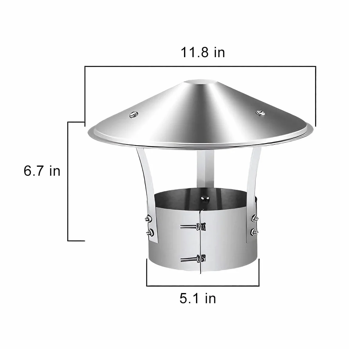 Copertura antipioggia per canna fumaria in acciaio inox 201 4,9 5,1 5,5 5,9 16 cm (13 cm)