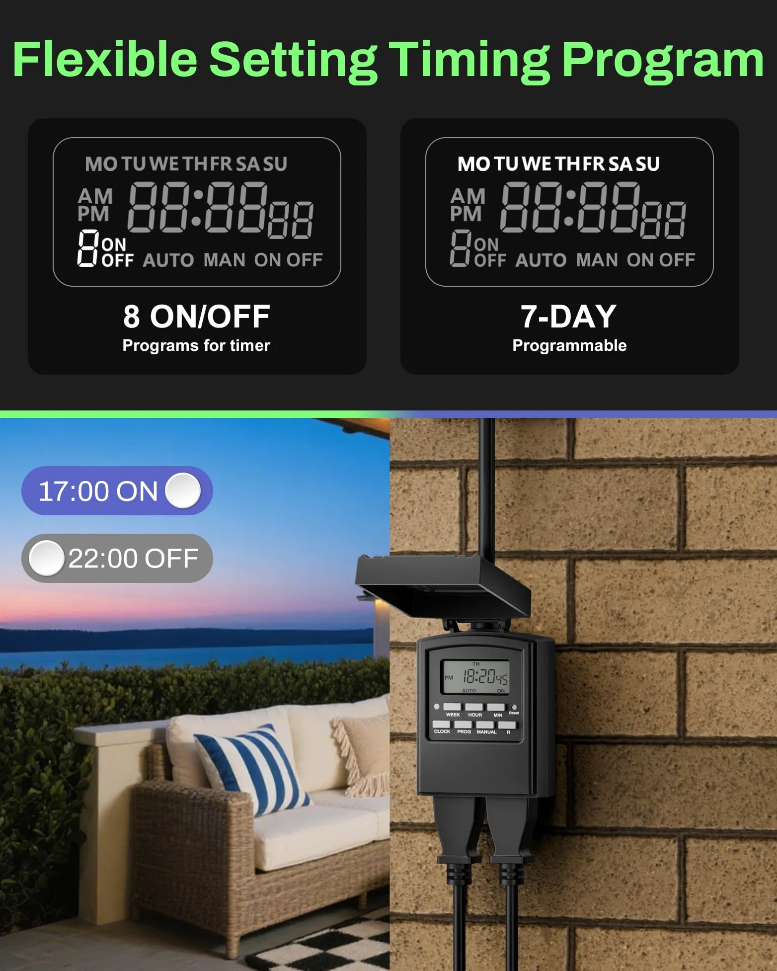 BN-LINK Timer digitale programmabile da 7 giorni per esterni, impermeabile, 2 prese elettriche con messa a terra per luci di Natale, 15 A, 1/2 HP, certificazione ETL