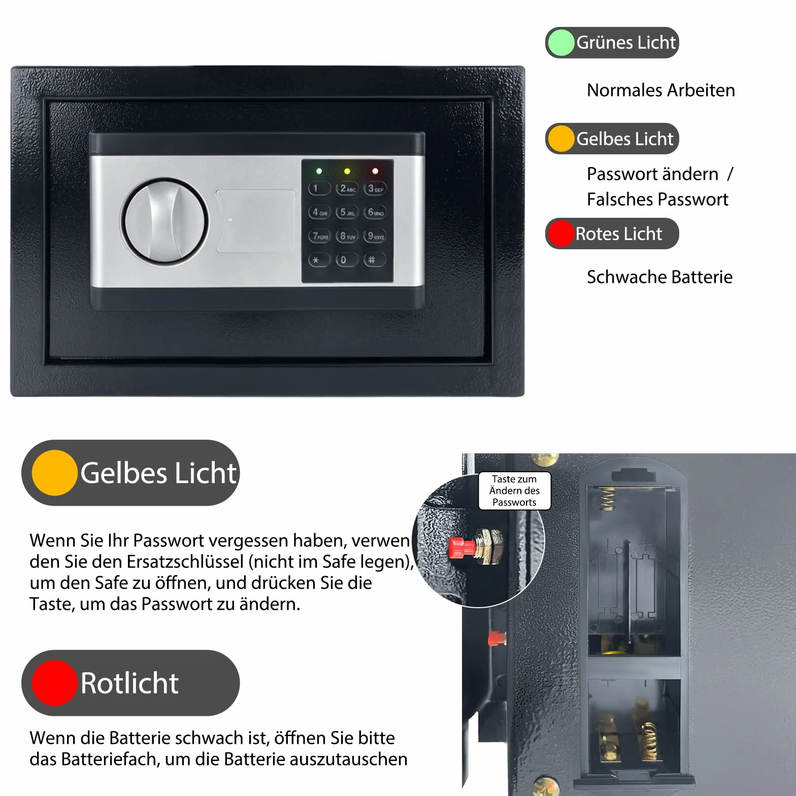 YRHome Cassaforte elettronica, cassaforte digitale per mobili, 12 l, 31 x 20 x 20 cm, cassaforte elettronica, cassaforte da parete, codice PIN con 2 chiavi