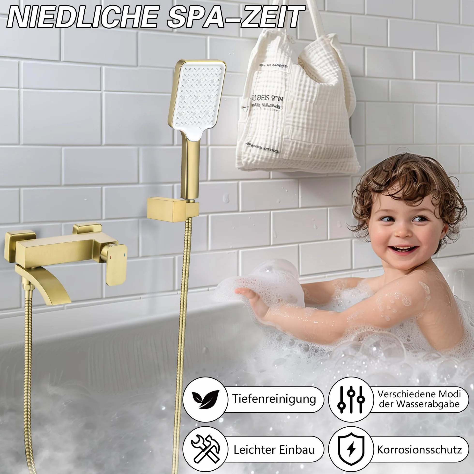 Rubinetto per vasca da bagno oro spazzolato con doccetta grande e beccuccio girevole 90° 3 funzioni