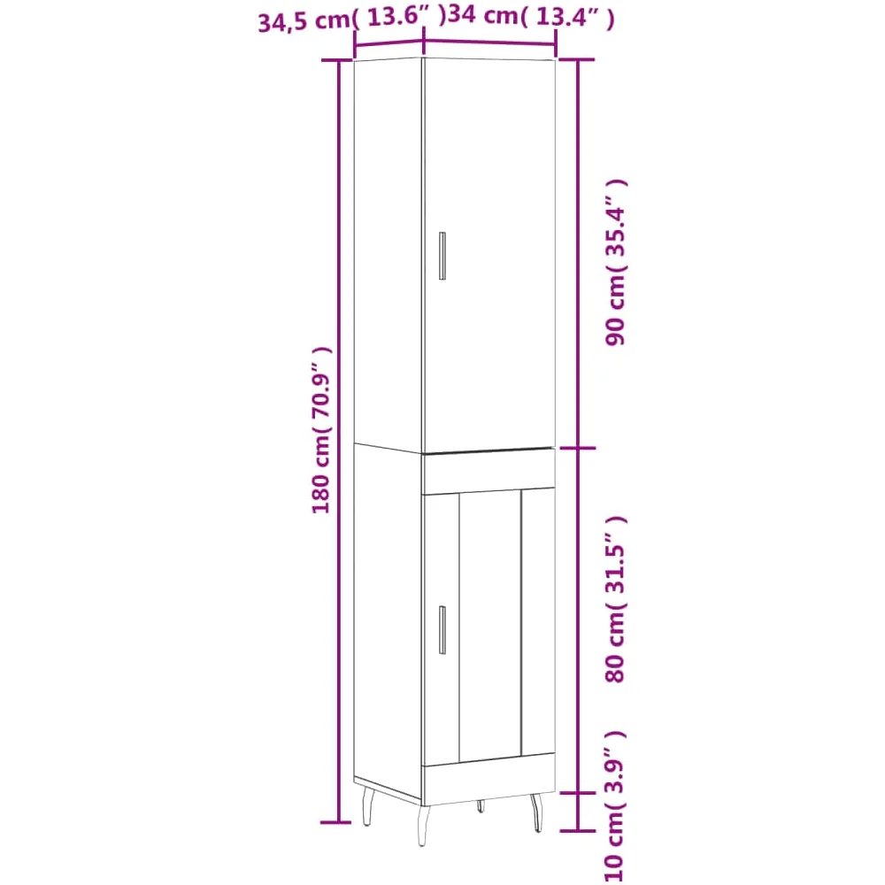 Armadietto alto in legno grigio cemento, 34,5 x 34 x 180 cm, con molto spazio e piedini in metallo, per soggiorno, comò e credenza, elegante armadio da corridoio dal design pratico