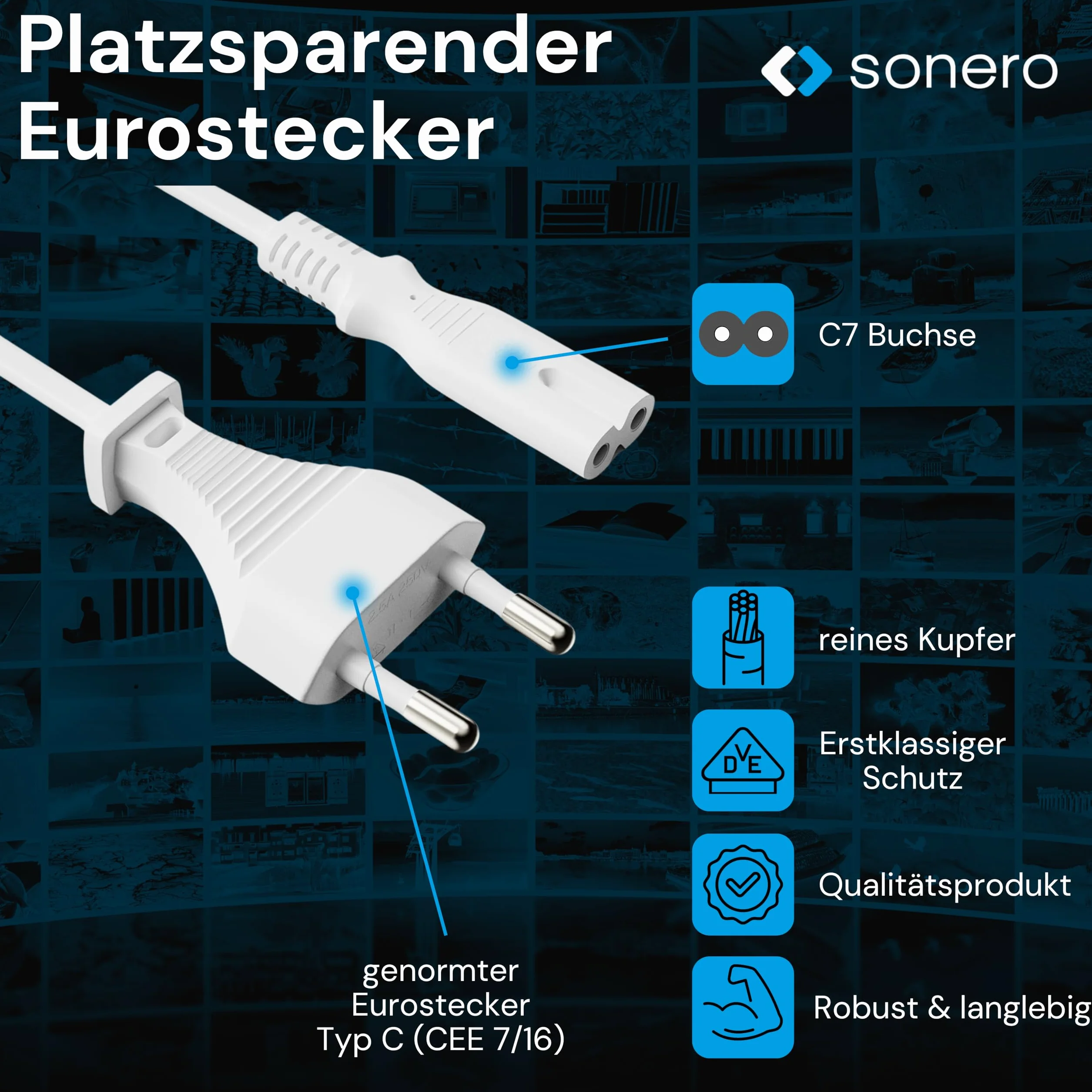 Sonero® Euro-Cavo di alimentazione, cavo di alimentazione per elettrodomestici, spina Euro a presa IEC C7, 3,00 m, bianco