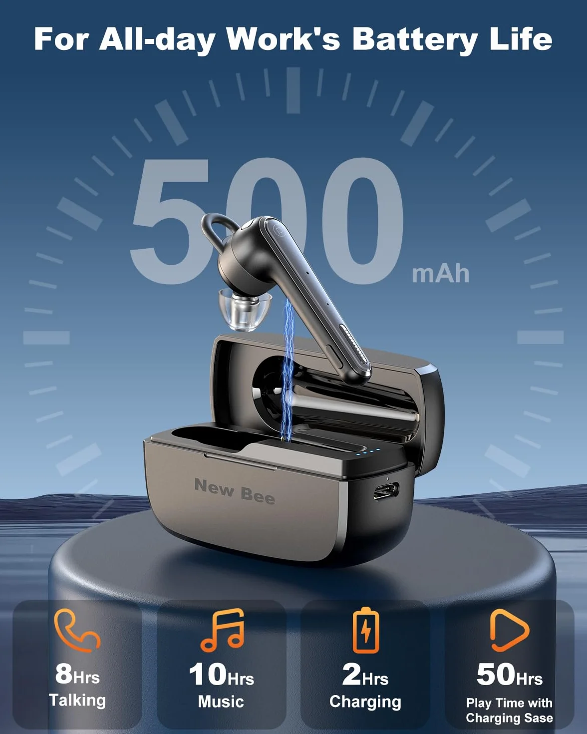 New Bee Auricolare Bluetooth Vivavoce V5.1 con 50 ore di conversazione, auricolare vivavoce ultraleggero con cancellazione ENC a doppio microfono, connessione a doppio dispositivo per la guida/lavoro