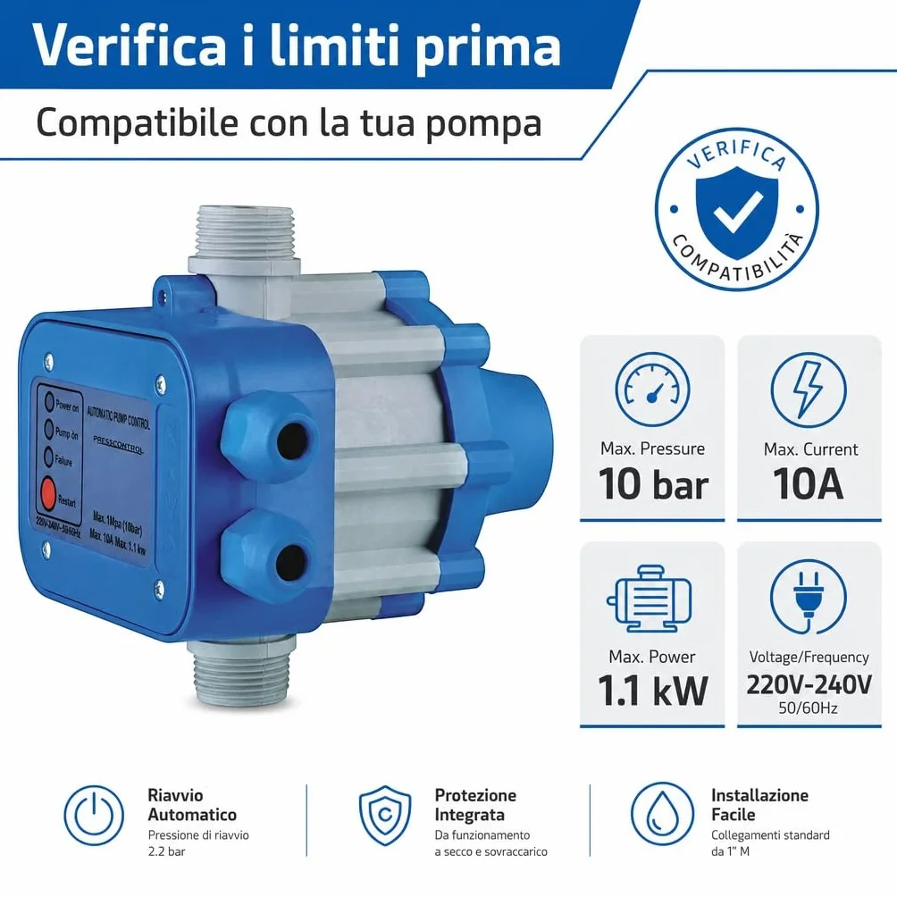 HM | Presscontrol regolatore di pressione per elettropompa, 2,2 bar, attacco 1" | Controllo elettronico automatico, protezione da funzionamento a secco, per sistemi idrici domestici