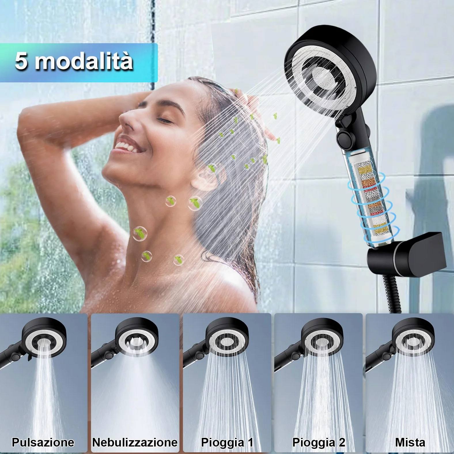 Soffione Doccia Nero Alta Pressione con 4 PP Filtro, 5 Modi | Doccino doccia alta pressione filtra cloro residuo, batteri, metalli pesanti altro, universale g1/2, funzione arresto