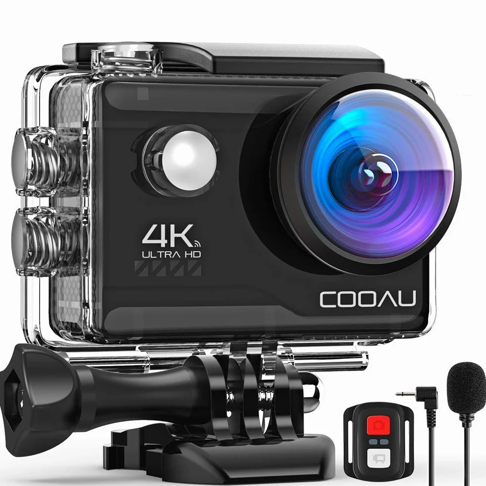 COOAU Action Cam 4K60 fps 64MP WiFi touch screen con microfono esterno, fotocamera subacquea 40 m Type-C EIS stabilizzazione 170° Action Camera 2 x 1350 mAh batterie/accessori