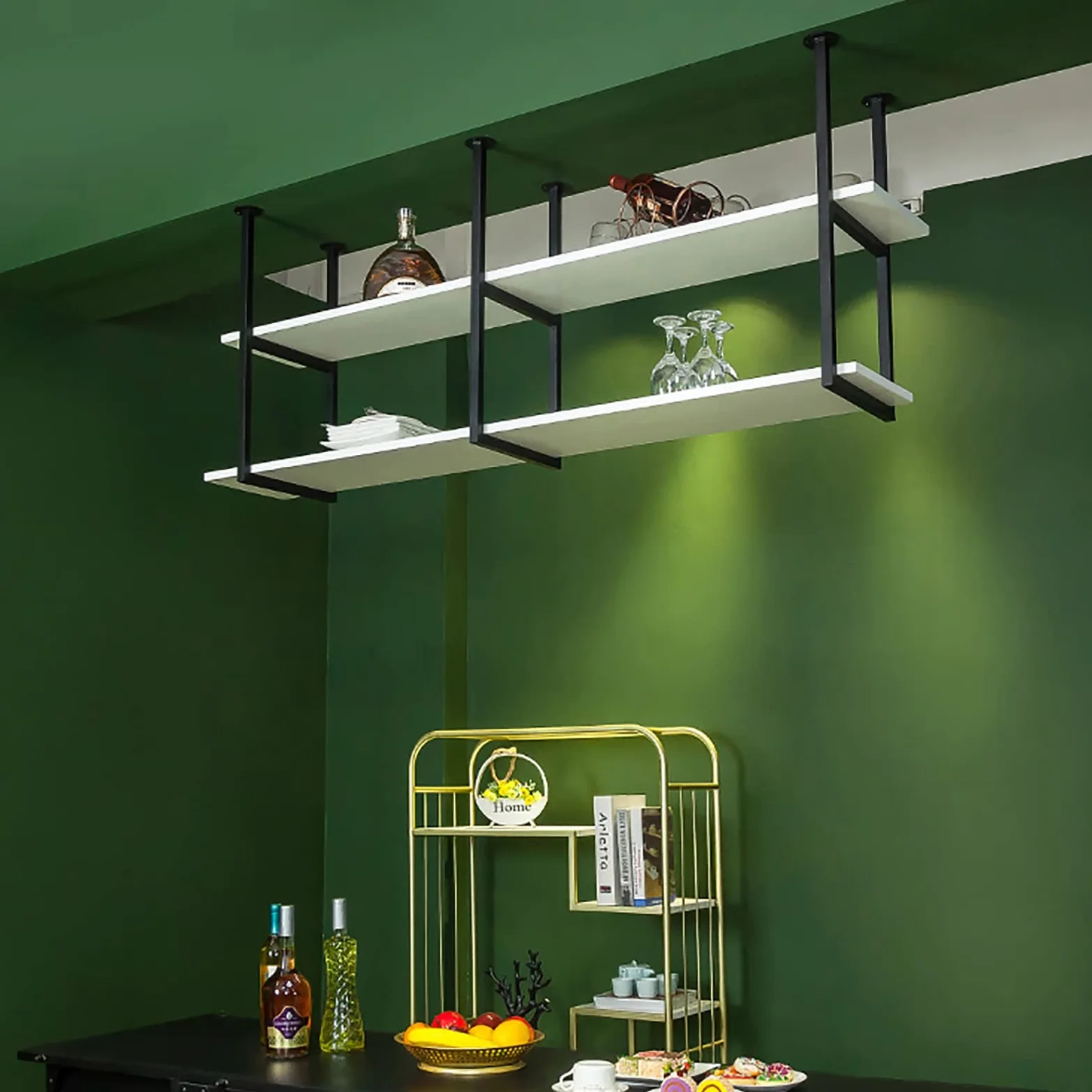 Mensole galleggianti da parete con staffe a soffitto a 2 strati, facili da installare, scaffale decorativo per bar e ristorante, nero (80 x 30 x 60 cm)