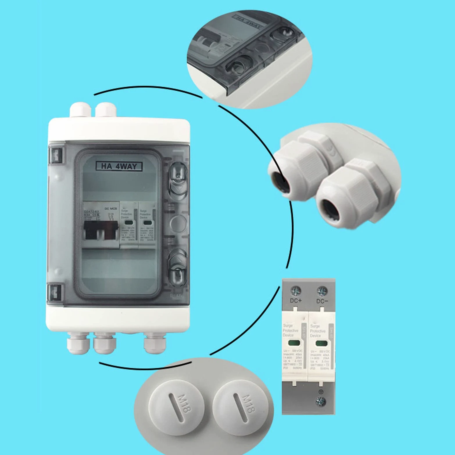 Pissente Interruttore Automatico Scatola di Distribuzione Impermeabile per PC con Sezionatore CC 500 V IP65 Coperchio Trasparente a 4 Vie per Inverter a Pannello Solare Esterno Sistemi Fotovoltaici