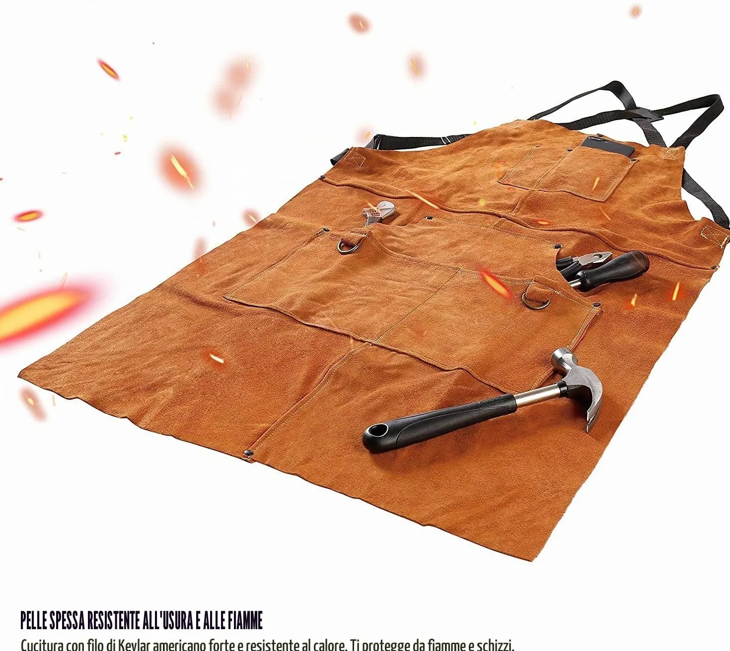 QeeLink Grembiule Saldatore in Pelle Resistente al Calore, Grembiule per Falegname con 6 Tasche, Grembiuli da Lavoro per Uomo Regolabile da M a XXXL per Fabbro, Carpentiere