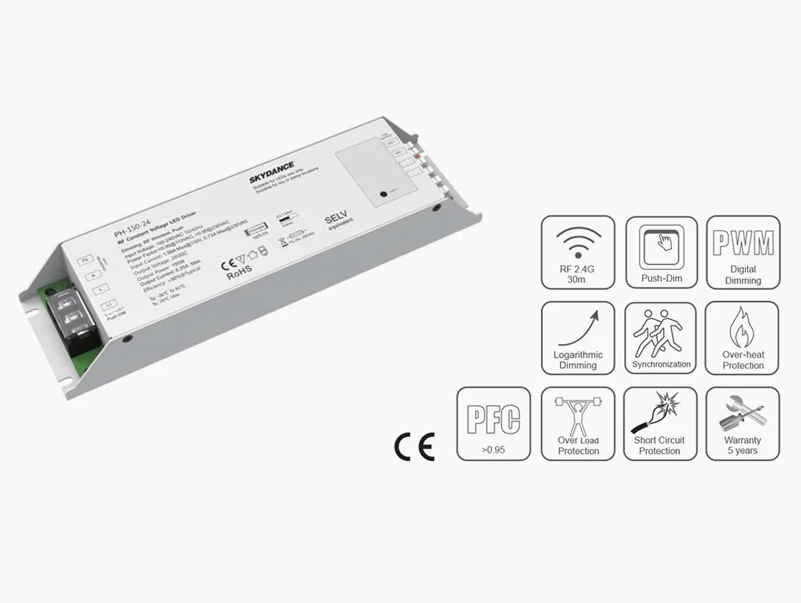 Trasformatore Alimentatore Dimmerabile 12V 150W con Pulsante N.O. Push Dimmer – Compatibile con Telecomando RF 2.4G (non incluso), Per Striscia LED 150V, Skydance PB-150-12