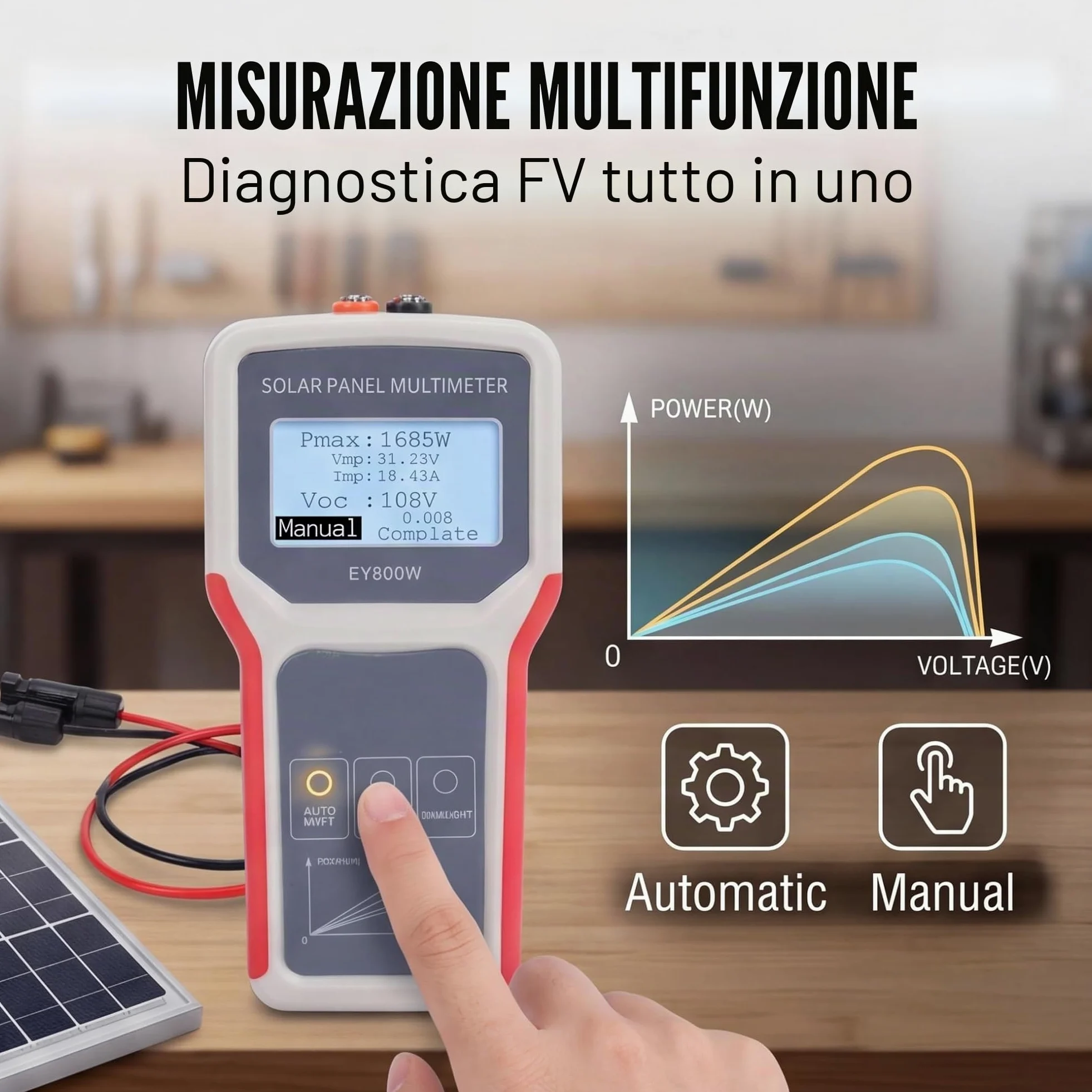 Sxhlseller Tester per Pannelli Solari 5-800 W, 12-60 V 0-35 A MPPT Multimetro Fotovoltaico con Display LCD per la Misurazione Manuale o Automatica della Potenza dei Componenti del Fotovoltaico
