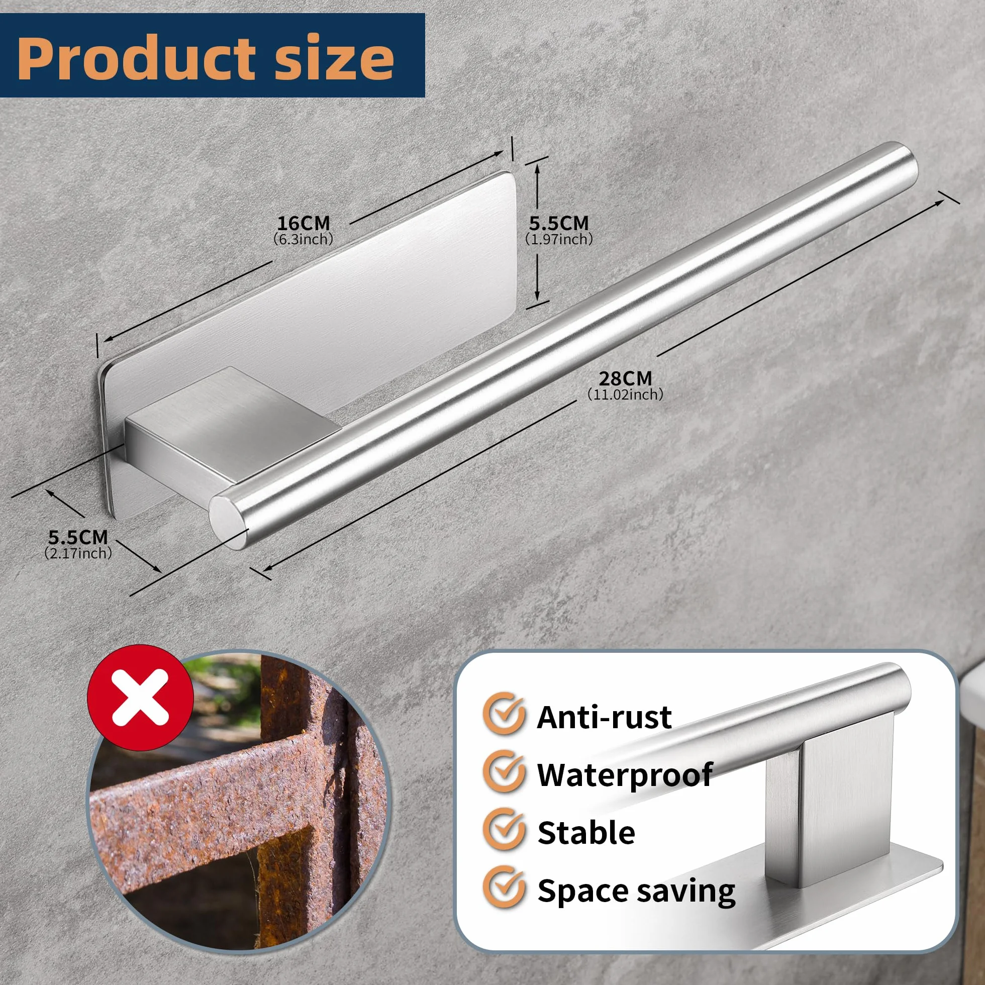 Porta Asciugamani Bagno Adesivo in Acciaio Inox Argento 22CM
