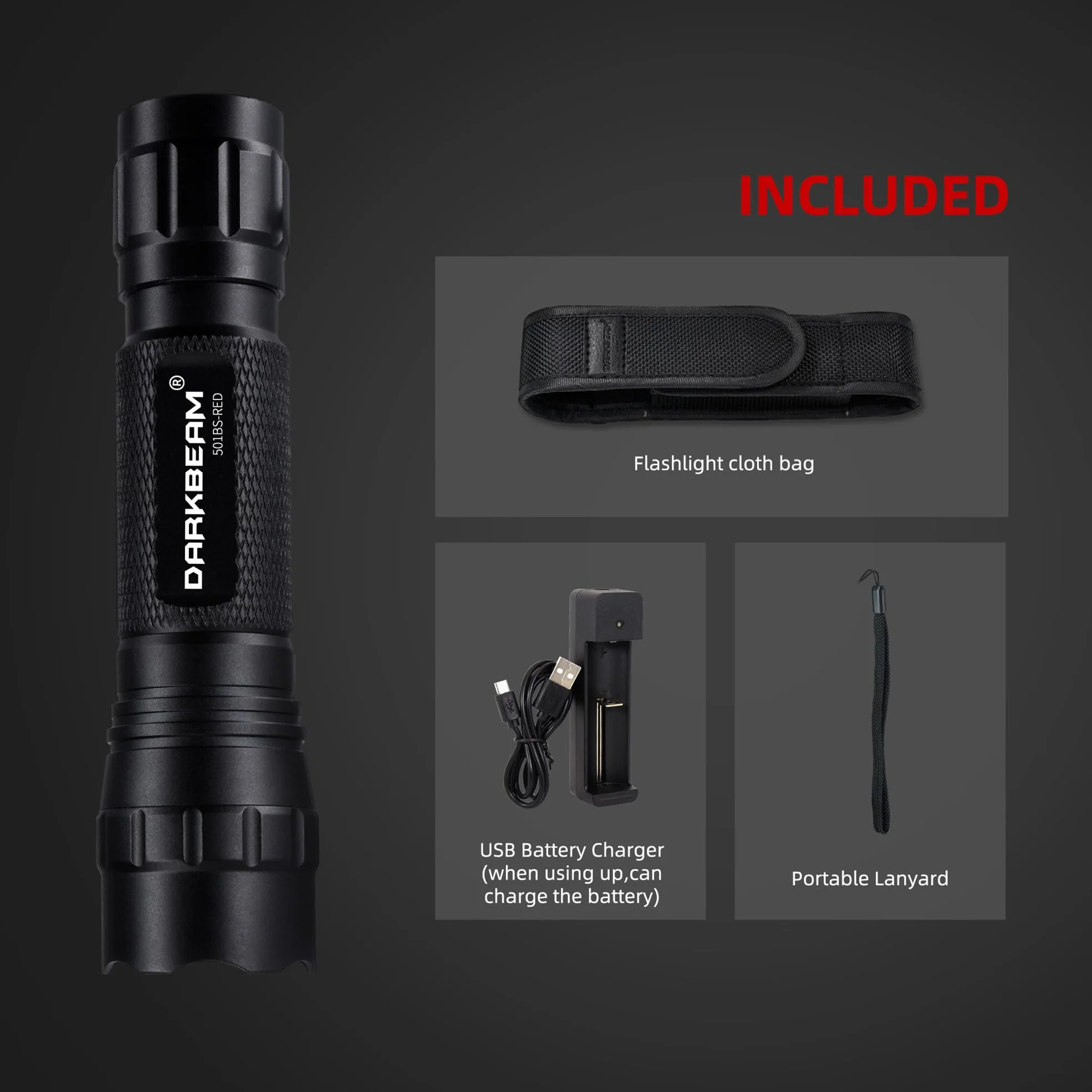 DARKBEAM Torcia a luce rossa luminoso LED USB ricaricabile, Torce rossa portatile zoom per caccia notturna, osservazione, pesca, astrofotografia, osservazione delle stelle, soccorso, con clip