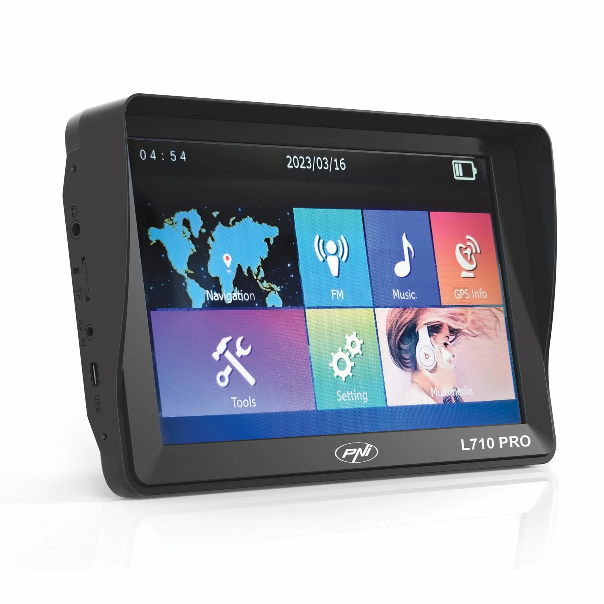 Sistema di navigazione GPS PNI L710 PRO con visiera parasole, 7 pollici, 800 MHz, 256 MB DDR, memoria interna da 16 GB, trasmettitore FM, con due caricatori per auto inclusi