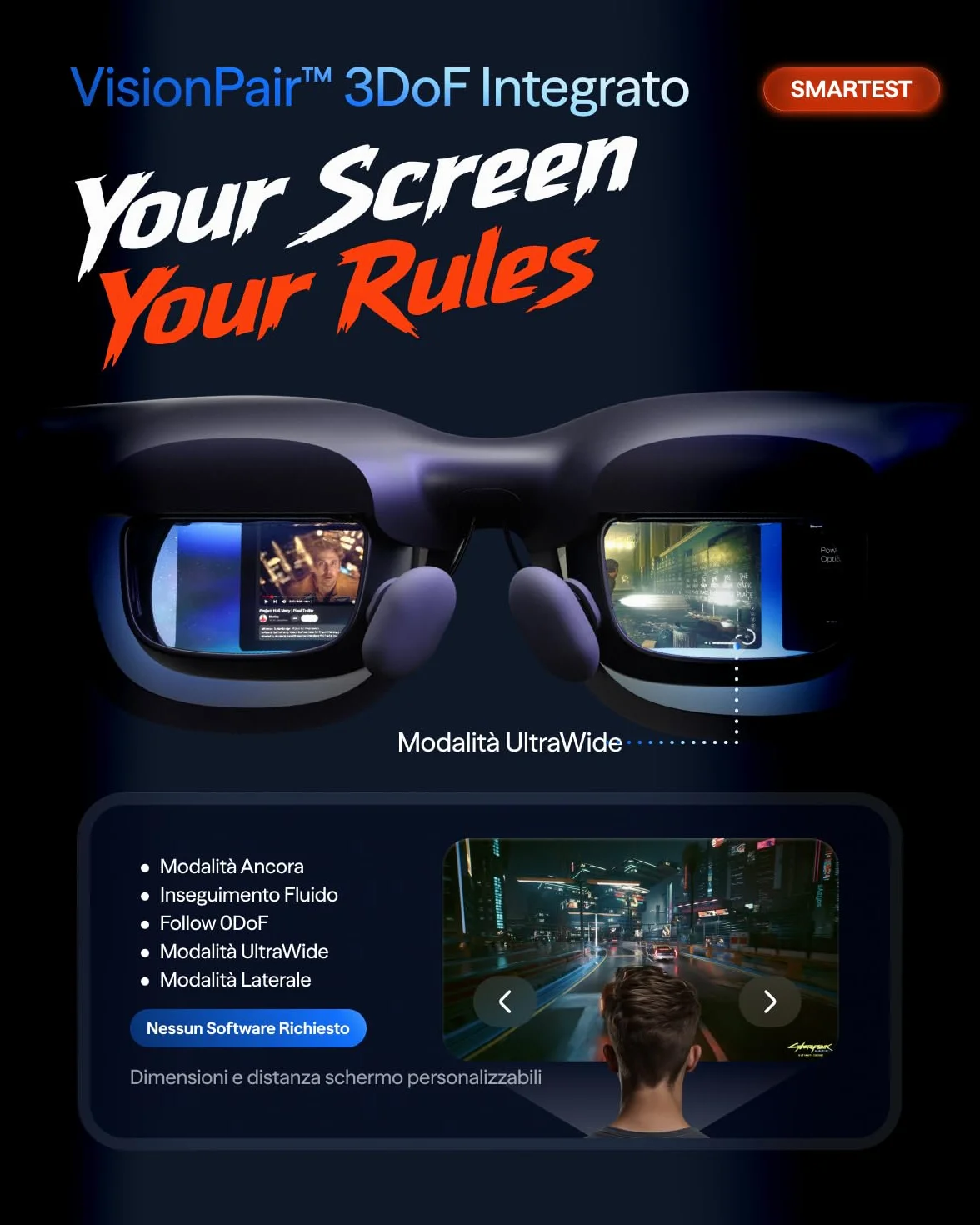 VITURE Beast Occhiali XR, 174” 1200p 58° FOV, VisionPair™ 3DoF Integrato, Oscuramento Dinamico, HARMAN Audio, Occhiali AR per iPhone/Android/Mac/PC/Switch 2 – I Più Grandi, Luminosi e Intelligenti