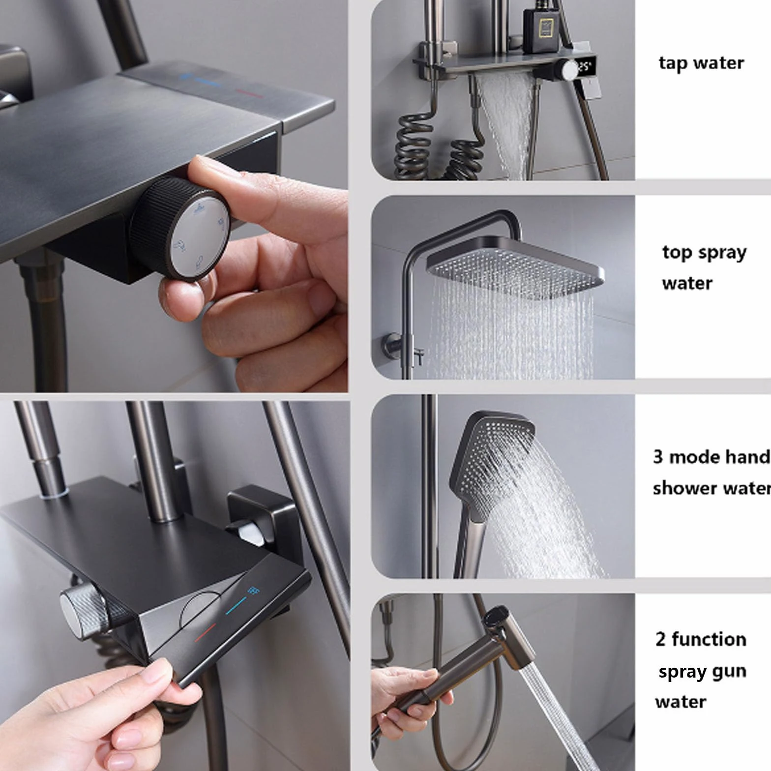 Sistema Doccia a Vista, Set di rubinetti per Bagno Grigio, soffione Regolabile in Altezza con soffione, doccetta per Vasca a Cascata e doccetta per Bidet