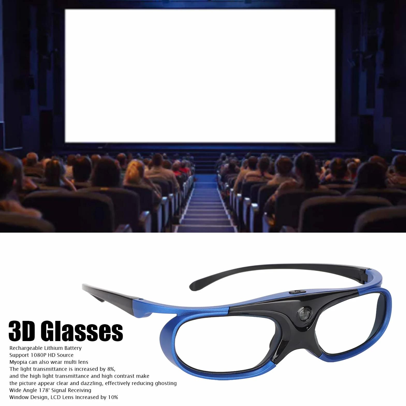 Occhiali 3D 2PCS, Occhiali 3D DLP Link 144Hz Occhiali 3D Attivi con Otturatore Ricaricabile per Tutti I Proiettori 3D DLP Link