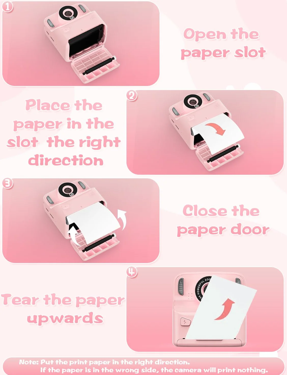 PHNIXGAM Fotocamera istantanea per bambini con 2 flash, fotocamera digitale per bambini 2,4 in HD, regalo per ragazzi e ragazze, tra cui 5 rotoli di carta da stampa e carta da 32 GB (Rosa)