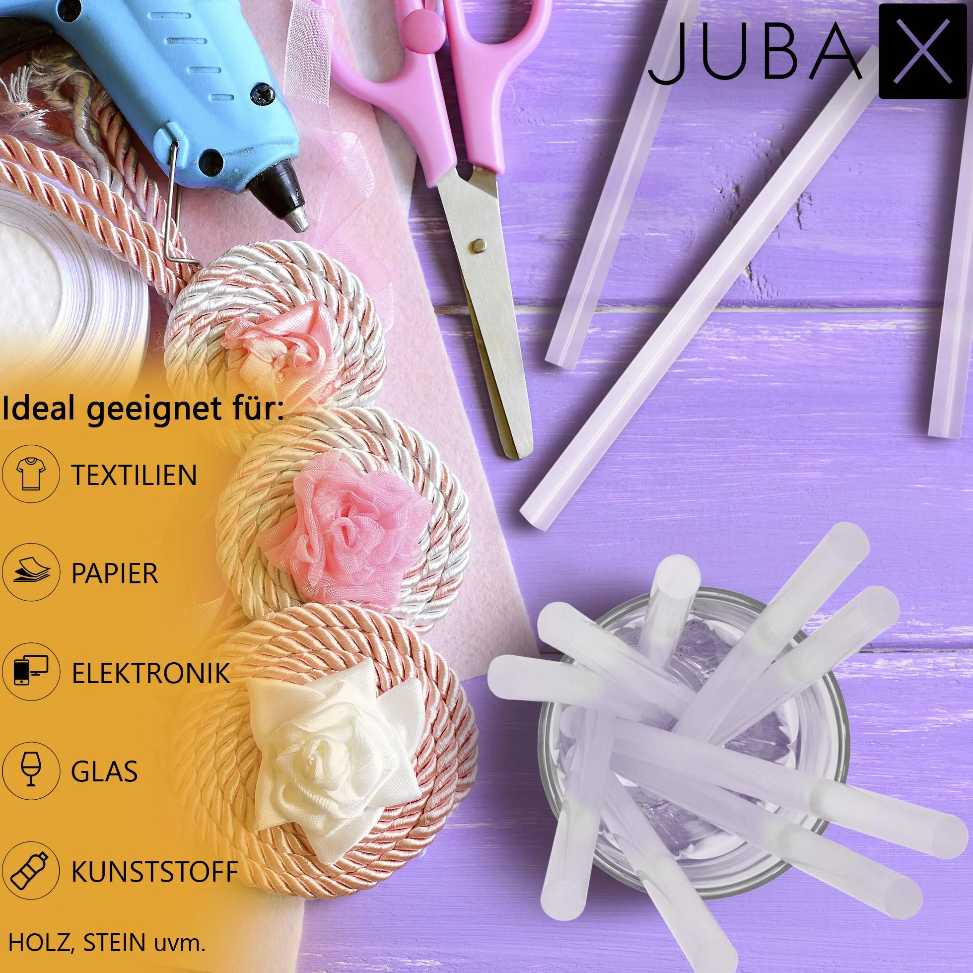 JubaX 50 bastoncini colla a caldo trasparenti per pistola colla decorazione bricolage Made in Germany
