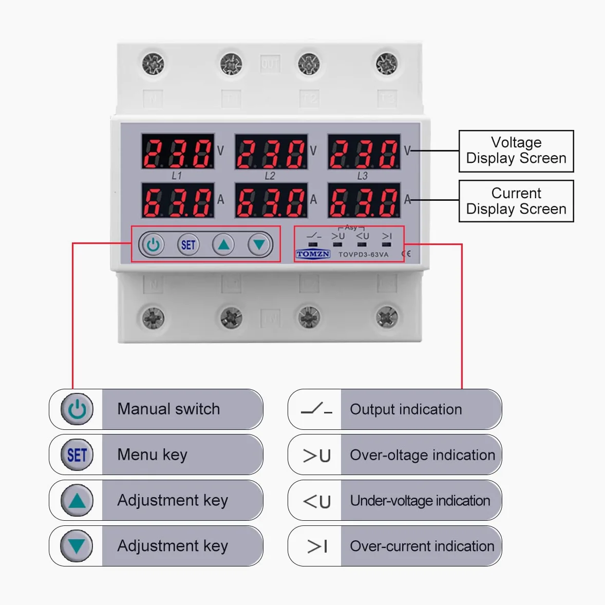 Interruttore Magnetotermico Differenziale Relè di tensione a 3 fasi DIN 380V VoltMeter Ammeter oltre e sotto Monitor Protezione Regolare la sovratensione corrente(63A)