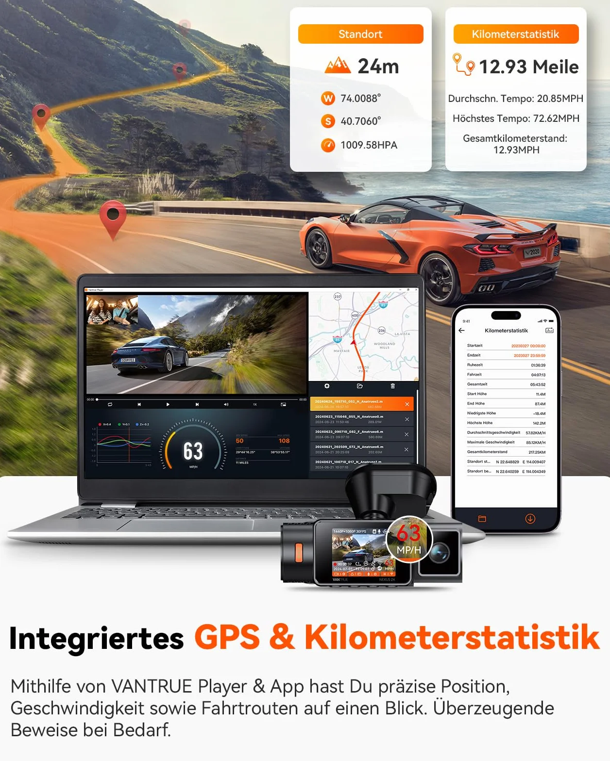 VANTRUE N2X 2.7K+1080P Telecamera per Auto Anteriore Interna, STARVIS 2 Doppia HDR Dash Cam Infrarossi, 2.5K/60FPS Frontale, 5GHz WiFi GPS, APP & Controllo Vocale, 24/7 Modalita Parcheggio, Max 512GB