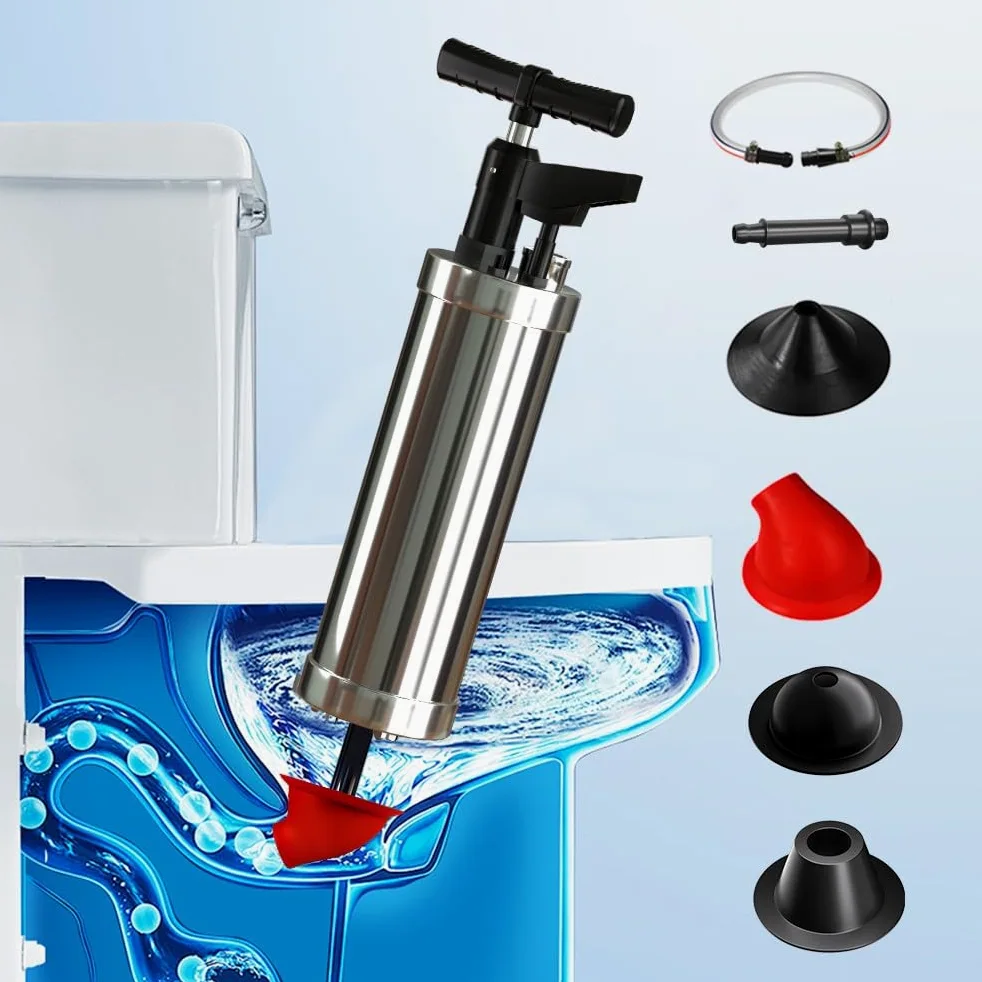 Sturascarici ad Alta Pressione con 4 Ventose, Stura Lavandini e Scarichi Professionale con Manometro, Pompa Stura Scarichi a Pressione, per Vasca da Bagno Cucina Bagno, Rosso
