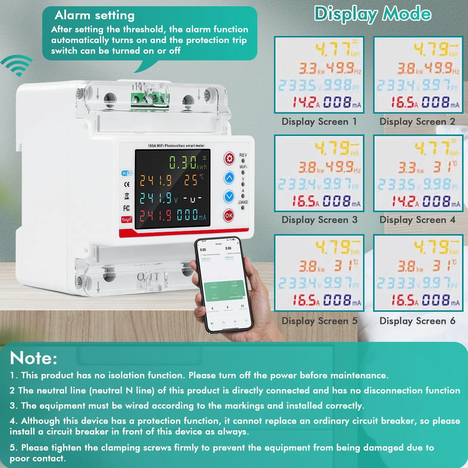 WiFi Contatore Energia Elettrica Monofase, Tuya Smart Misuratore di Consumo Elettrico AC 80-300V 100A Multifunzione Wattmetro Voltmetro Amperometro con Protezione Multipla, Controllo del Tempo