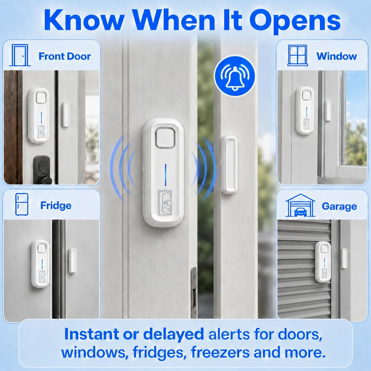 SANJIE Allarmi per porta quando aperto con avvisi istantanei e ritardati 30s/1min/2min/4min, allarme 2 in 1 con sensore di allarme per porta, allarme per casa, negozio, ufficio, sicurezza quando si