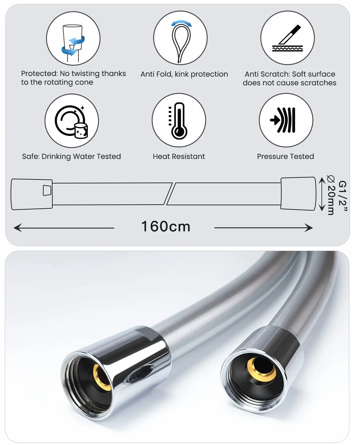 Tubo Doccia 160cm, YEAUPE Flessibile Doccia 1.6M in PVC (G1/2 pollici), Tubo Doccia da Anti Torsione, Argento/Cromo