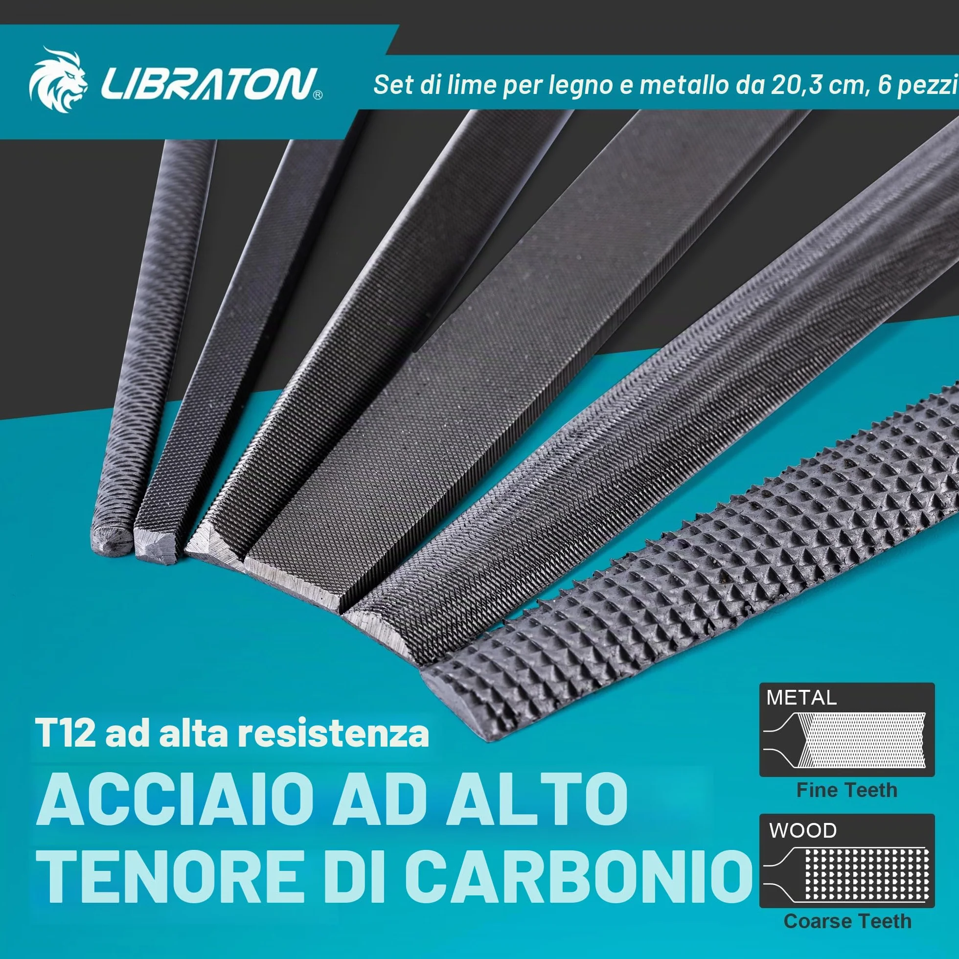Libraton Set di Lime Metalliche 6 Pezzi 8 Pollici Acciaio al Carbonio Manico in Gomma con Raspa per Legno