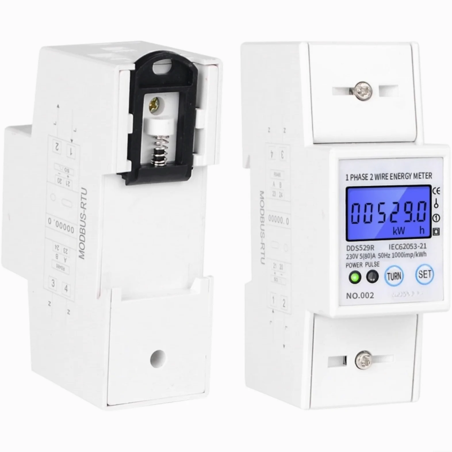 Contatore di energia elettronico 230V 5-80A con RS485, display LCD | Per montaggio su guida DIN