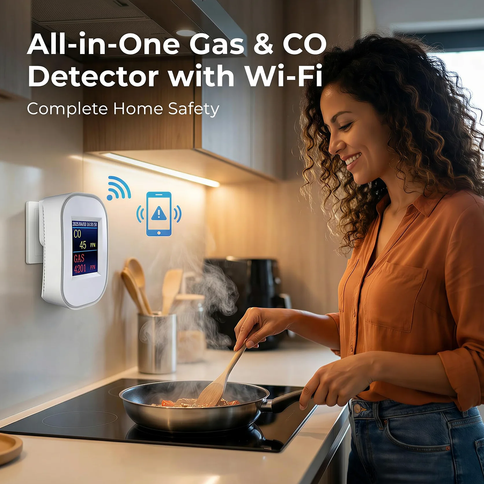SINOTÉCA Rilevatore Gas e Monossido di Carbonio WiFi, 2 in 1 Metano/GPL/Propano, Display LED PPM, Notifiche App Tuya, Presa a Muro Senza Batteria, EN50291 EN50194, per Casa Cucina Garage Camper