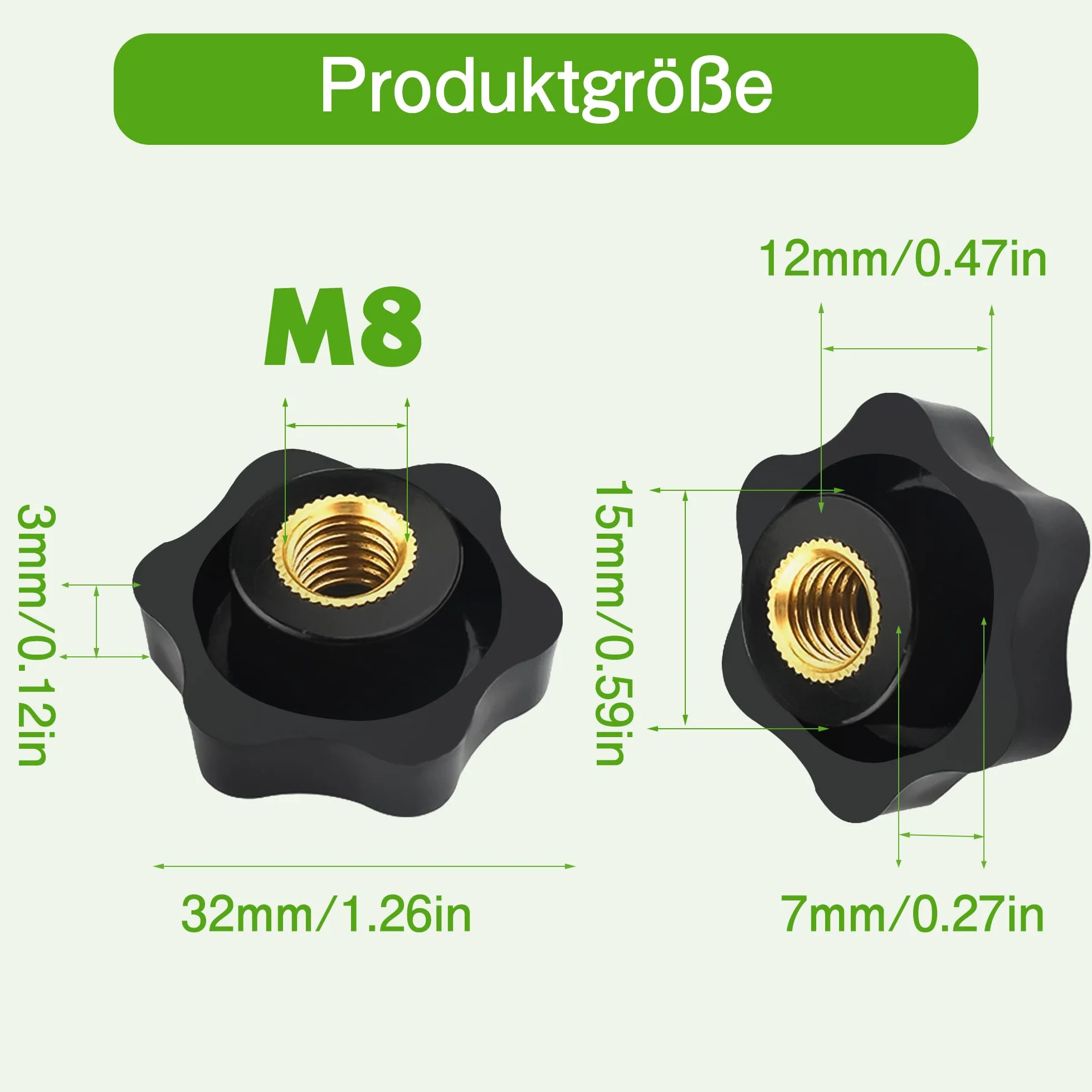 Dadi con Impugnatura a Stella M8 x 32mm Manopola di Serraggio Filettatura Zigrinata per Macchine Utensili