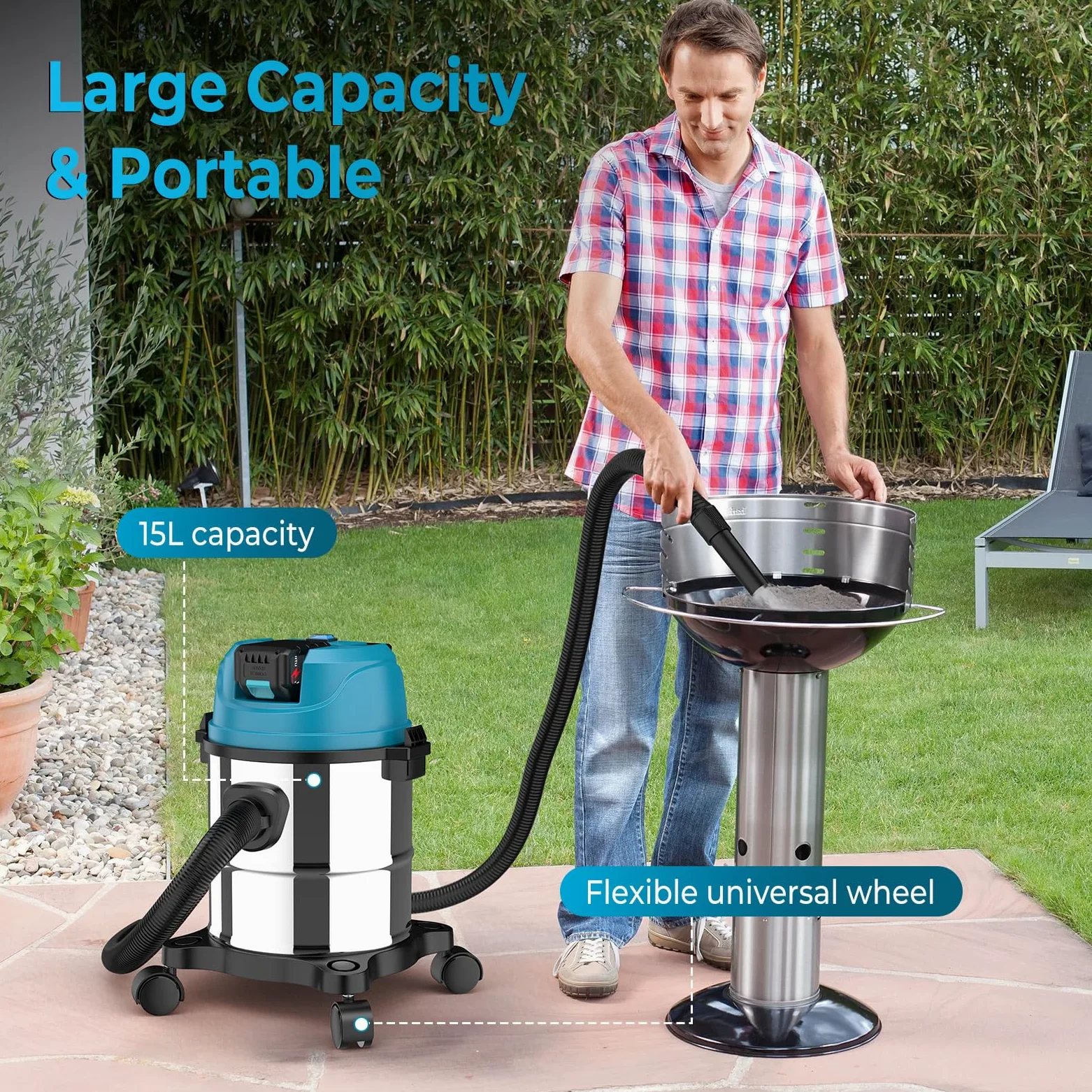 Aspirapolvere a secco umido per batteria Makita 18 V, 15 l, in acciaio inox, 1200 W, aspiracenere a batteria con bocchetta per pavimento e fughe, sistema di tubi ø 32 mm, senza batteria (0 batterie)