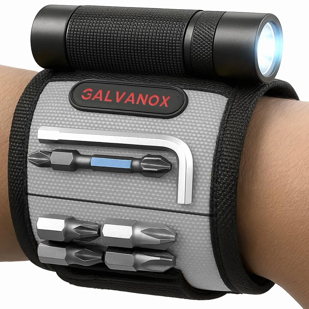 Galvanox Braccialetto magnetico con torcia a LED, magnete da polso in nylon per attrezzi, viti e chiodi, con luce da lavoro regolabile, ottimo regalo per uomini, padri, tuttofare (nero)