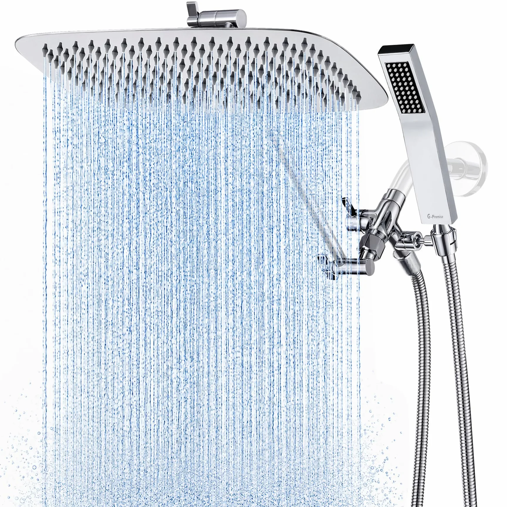G-Promise Soffione doccia interamente in metallo con tubo, soffione quadrato a pioggia con doccetta combinata, tubo doccia extra lungo 180,3 cm, deviatore a 3 vie, braccio di estensione regolabile in
