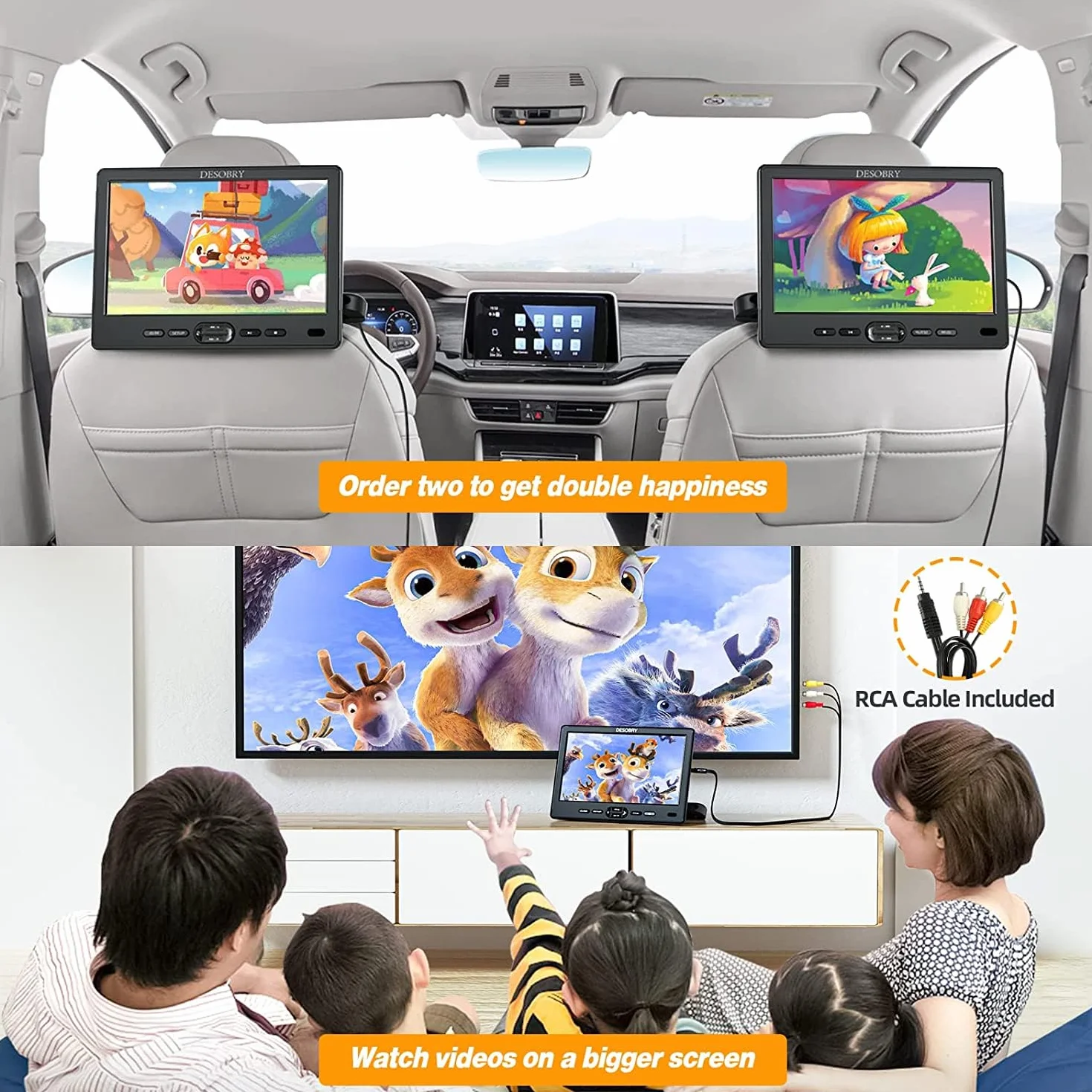 DESOBRY Lettore DVD per auto da 10,5 pollici con supporto per poggiatesta, lettore DVD portatile per auto con cuffie, ingresso disco a ventosa, supporto video 1080P