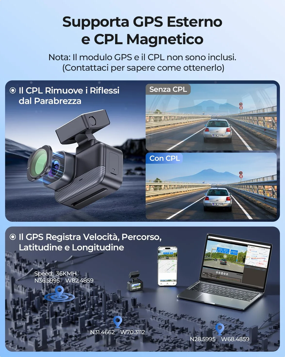 2K Wi-Fi Mini Dash Cam Auto, Telecamera con App, Compatibile con CPL e GPS Esterni, Supporti Magnetici, Visione Notturna WDR, Sorveglianza Parcheggio 24h, Supercondensatore, Angolo 170°