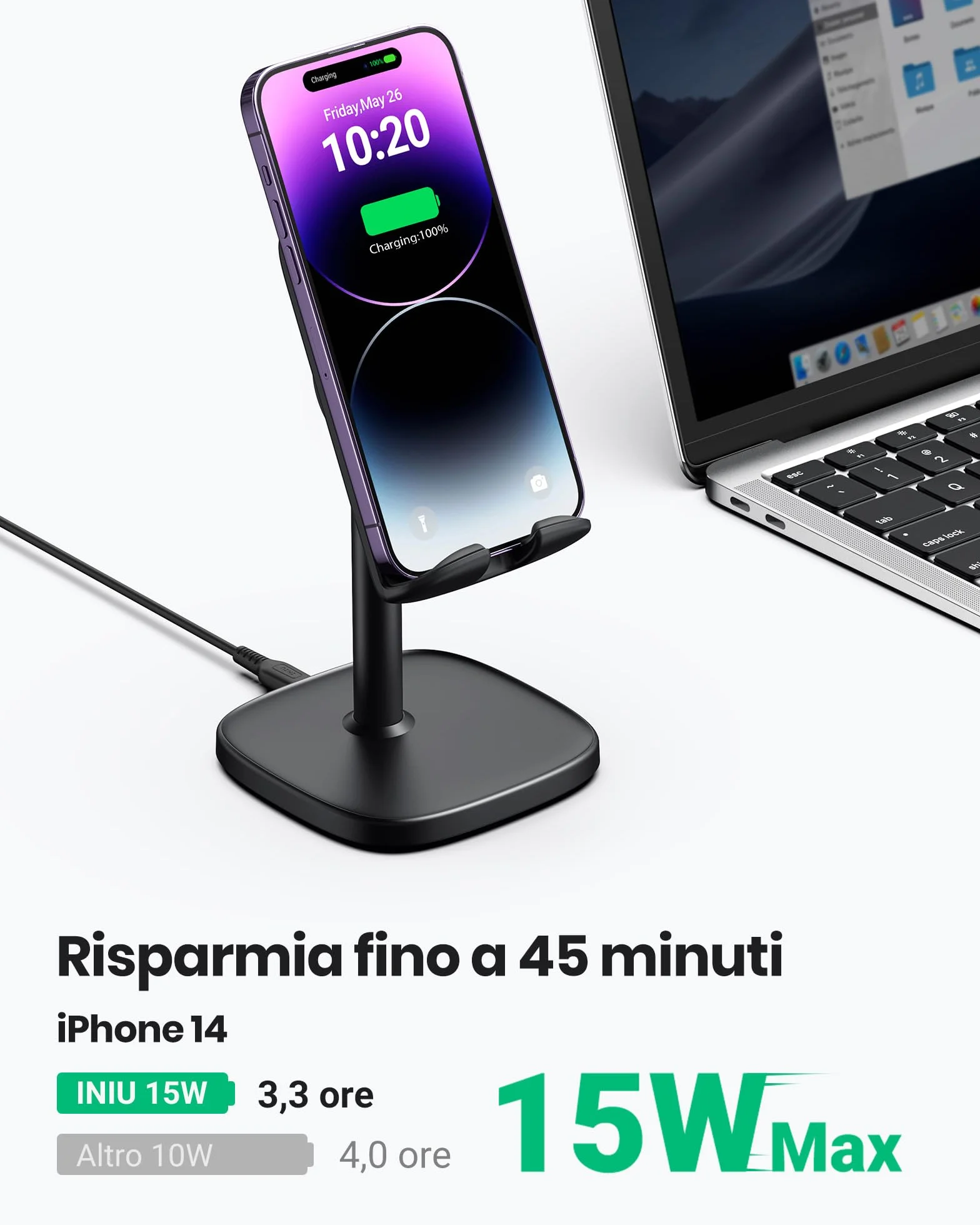 INIU Caricatore Wireless Phone Stand, 15W Certificato Qi Ricarica Rapida di Adujstable Wireless Charger Holder Indicatore Adattivo Supporto per iPhone 15 14 13 12 11 Samsung Galaxy Xiaomi Google LG